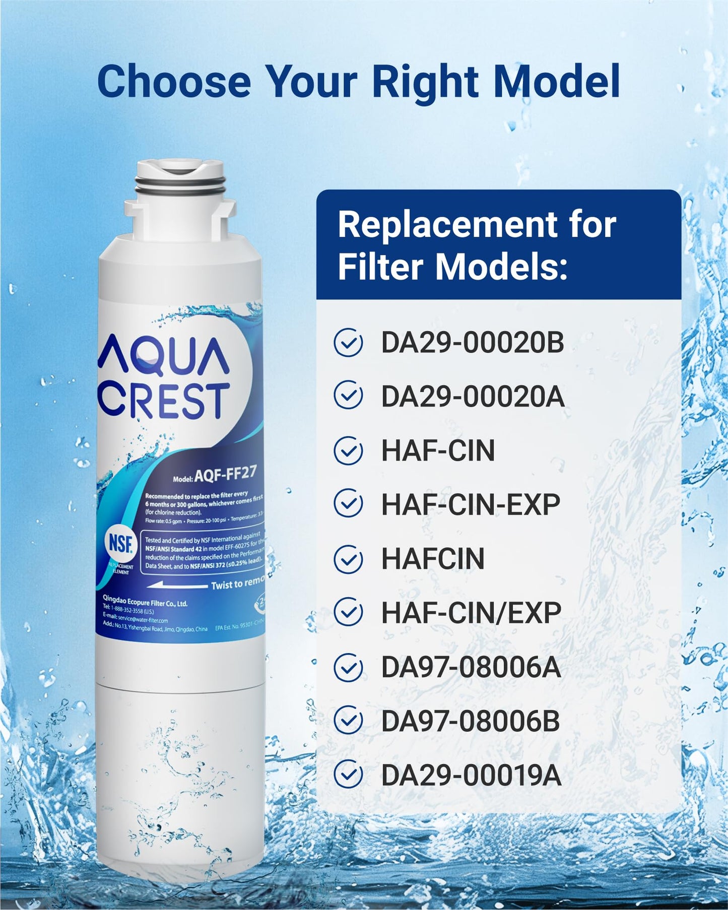 AQUA CREST Refrigerator Water Filter Replacement for Samsung DA29-00020A/B, HAF-CIN/EXP, RF28HFEDBSR, RF263BEAESR, RF263TEAESG, RF28HDEDBSR, RF4287HARS, RF4267HARS, DA97-08006A, 3 Pack