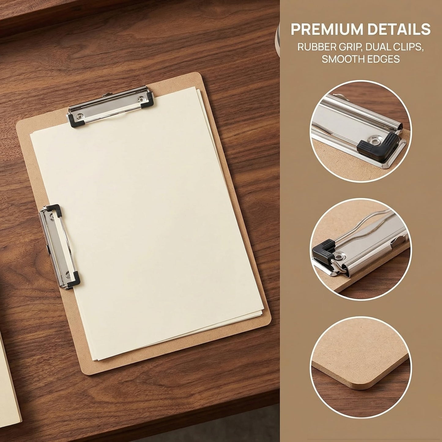 4 Pcs 11x17 Clipboard Wooden Lap Board with Low Profile Clip Brown Double Landscape Clip Hardboard Drawing, Large Clipboard for Drawing, Sketching, Art Classroom Office Supplies