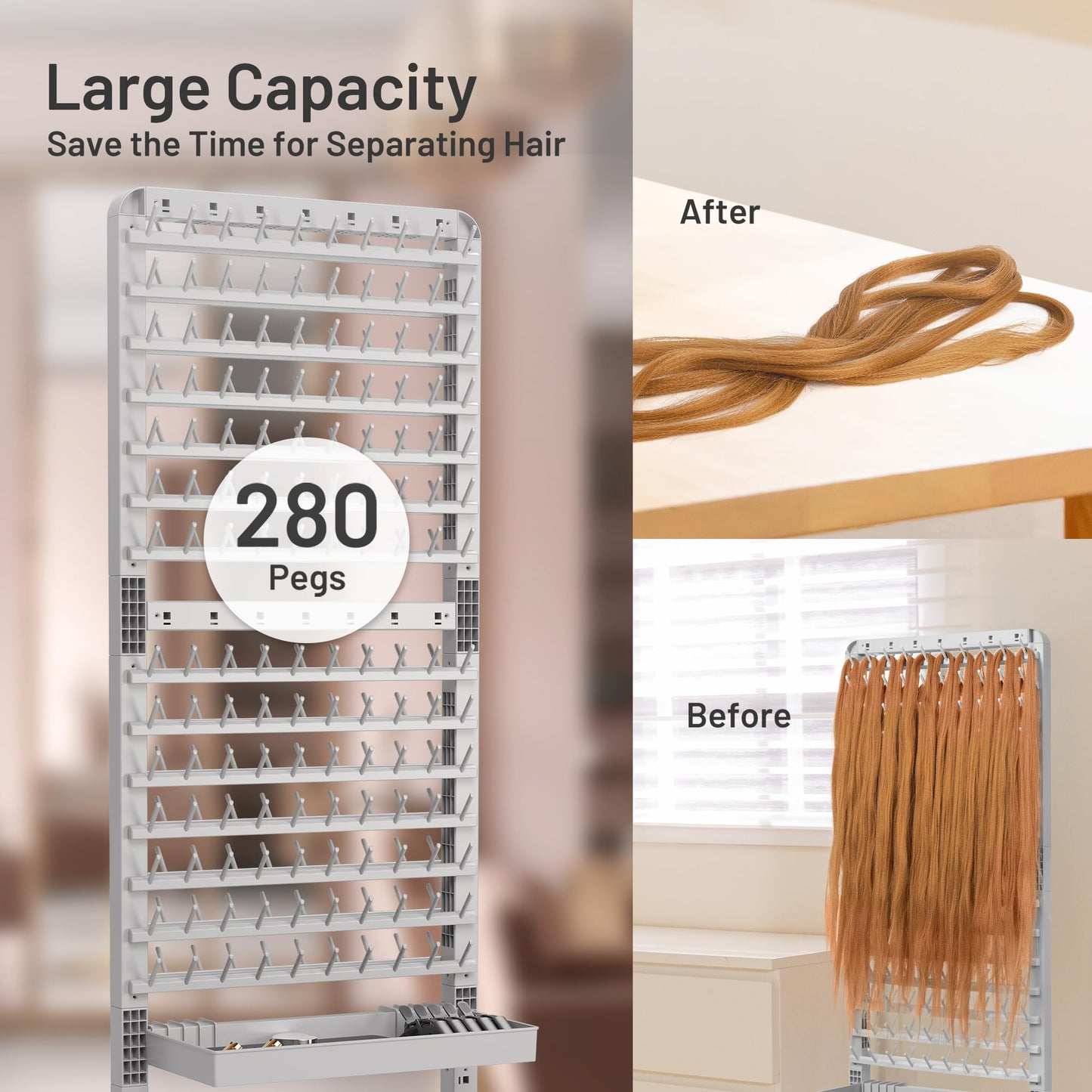 Yumkfoi 2-sided 280 Pegs Braiding Rack, Adjustable Hair Racks with Tray and 17 Braiding Tools, Braid Rack for Braiders, Hair Separator with Wheels (Grey)