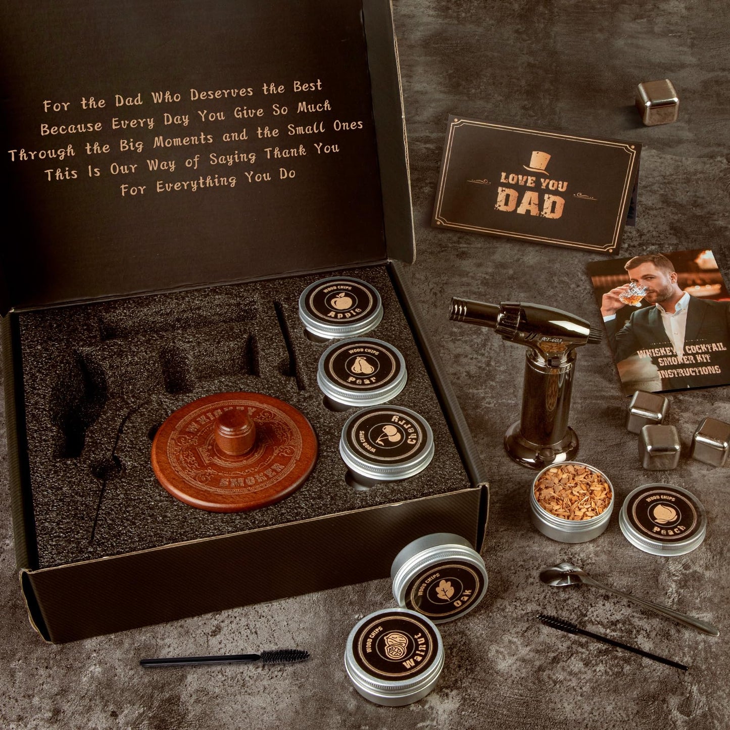 Whiskey Smoker Kit with Torch- 6 Wood Chip Flavors, 4 stainless steel ice cubes - Cocktail Smoker Infuser Kit for Bourbon & Old Fashioned, Birthday Whiskey Gifts for Men, Dad(Without Butane)