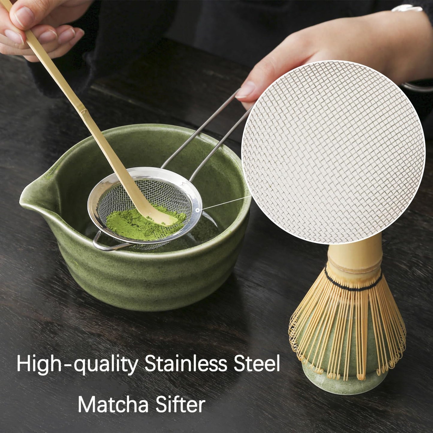 Buucup Matcha Whisk Set, Matcha Bowl with Spout, Matcha Whisk and Holder, Bamboo Matcha Scoop and Stainless Sifter - 5 Pcs Jade Green Matcha Kit for Matcha Lover