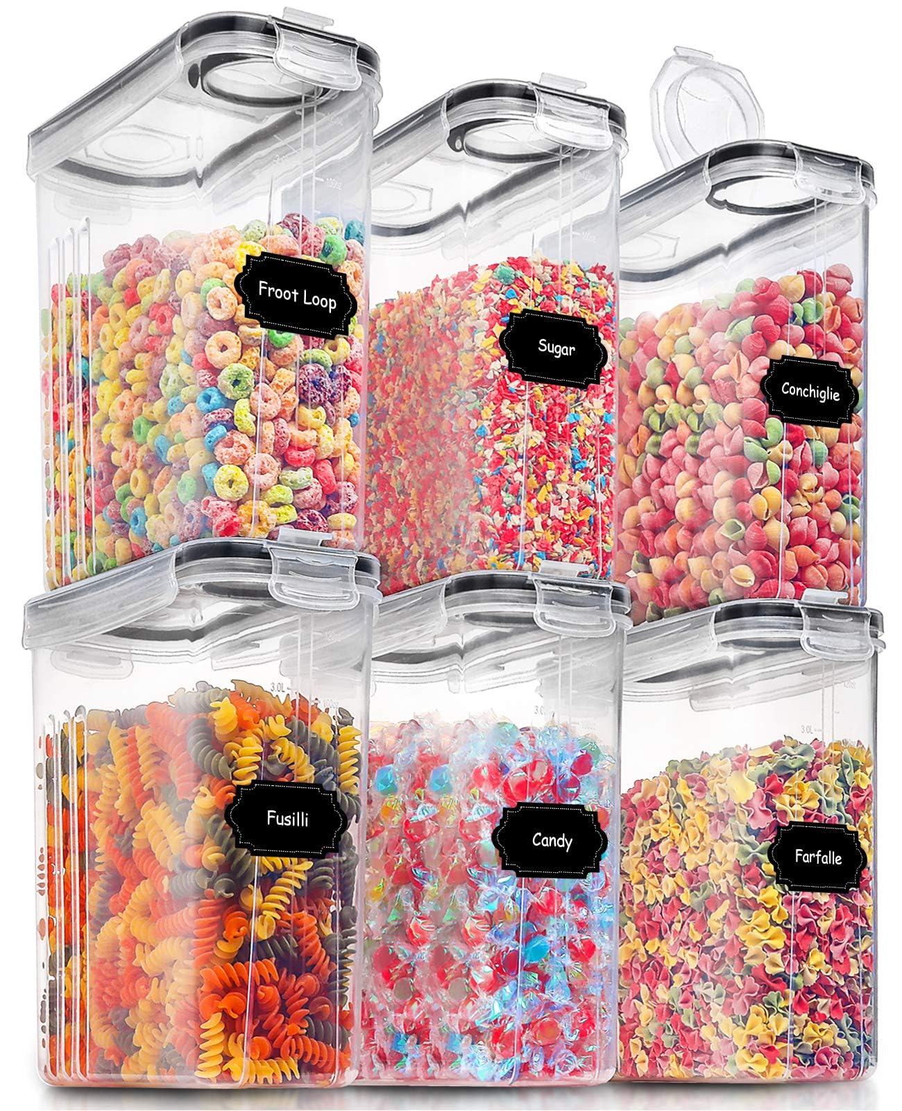 Large Dry Food Storage Containers with Lids, PRAKI 6PCS 4L Airtight Cereal Containers Storage, Leak-proof Canister Set for Kitchen Pantry Organizers and Storage with 20 Labels & Marker