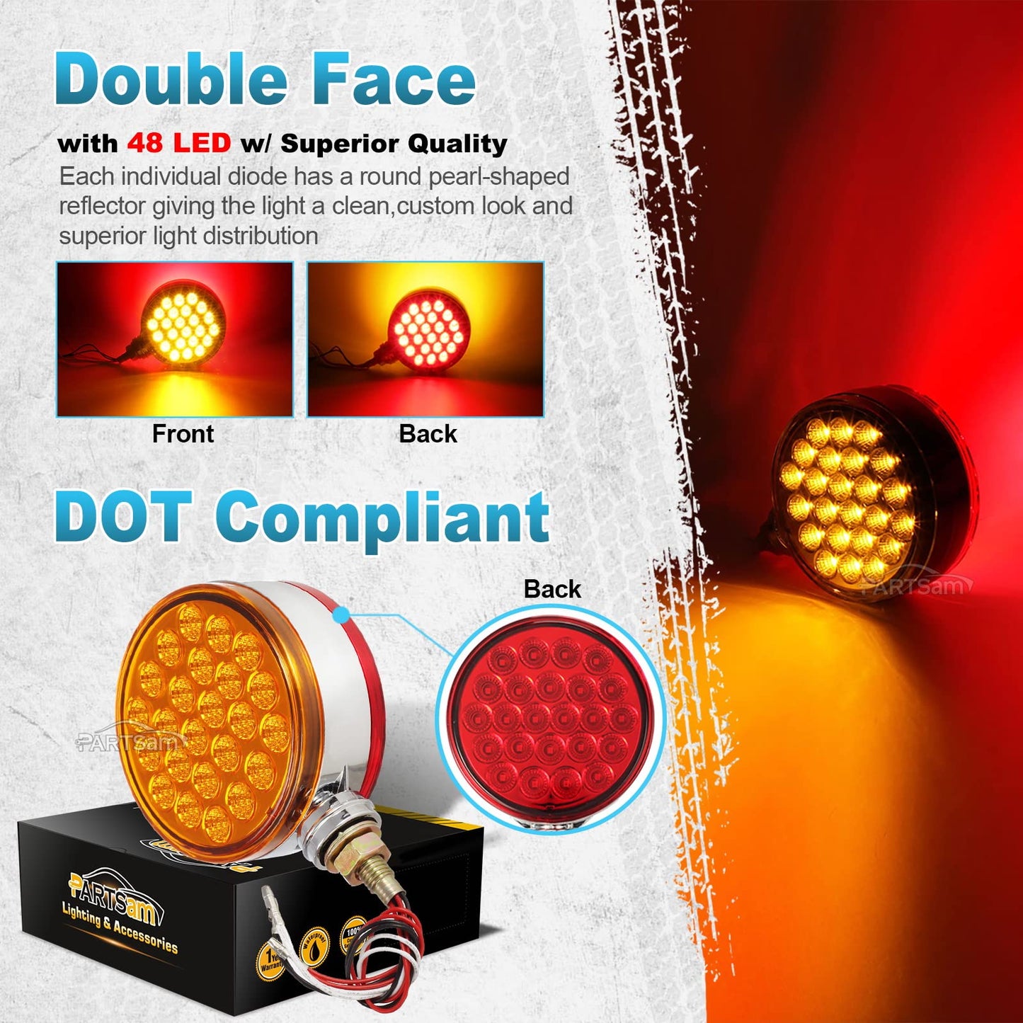 Partsam 2pc 4" Round Double Face Single Stud Mount Pearl Red/Amber 48 LED Pedestal Fender Reflective Lights w Chrome Housing Sealed Replacement for Kenworth/Peterbilt/Freightliner