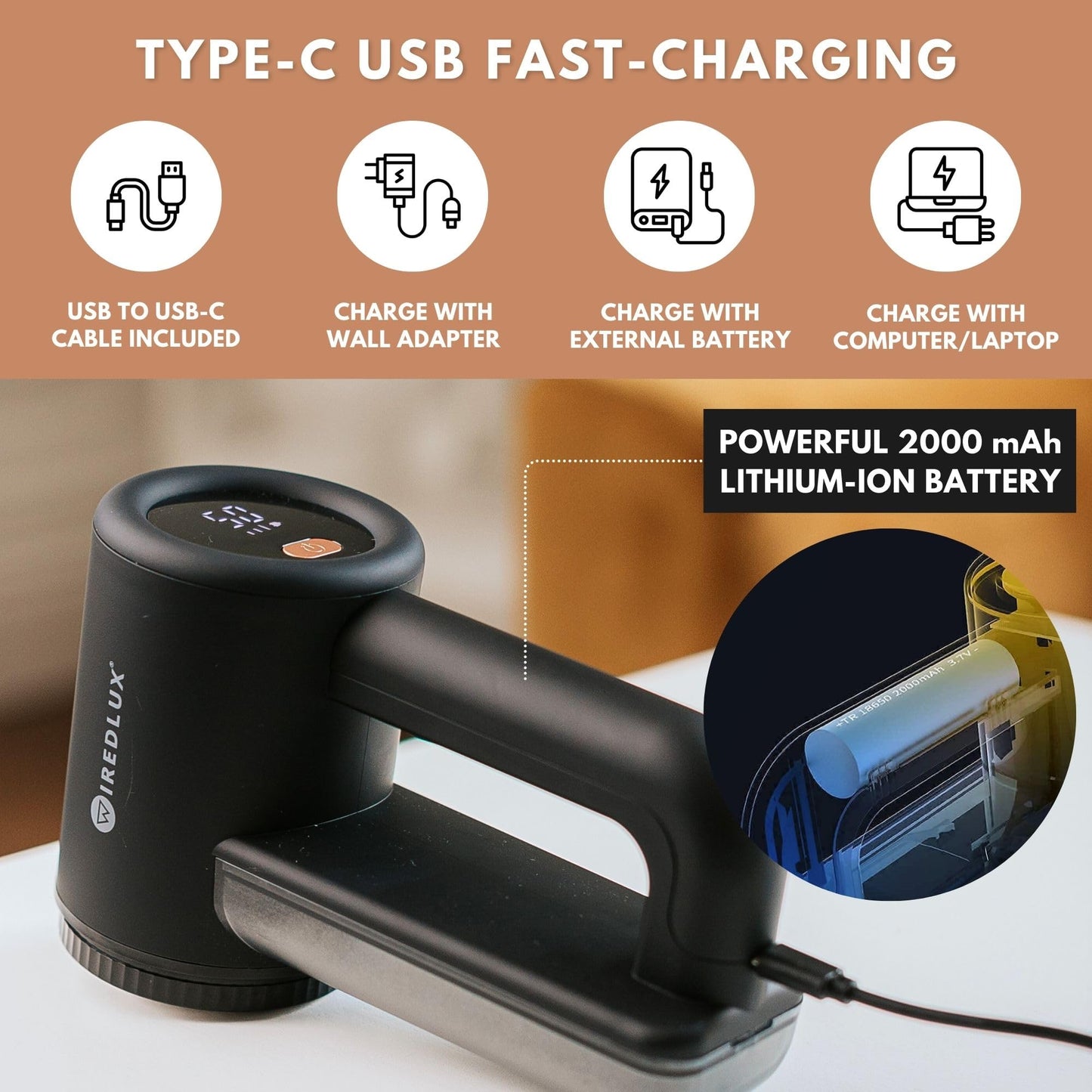 WiredLux Rechargeable Fabric Shaver - Electric Lint Remover for Clothes & Couch - Adjustable 3-Speed, 6-Leaf Blade, LED Display, USB Charging - Depiller with Dual Protection (Midnight Black)