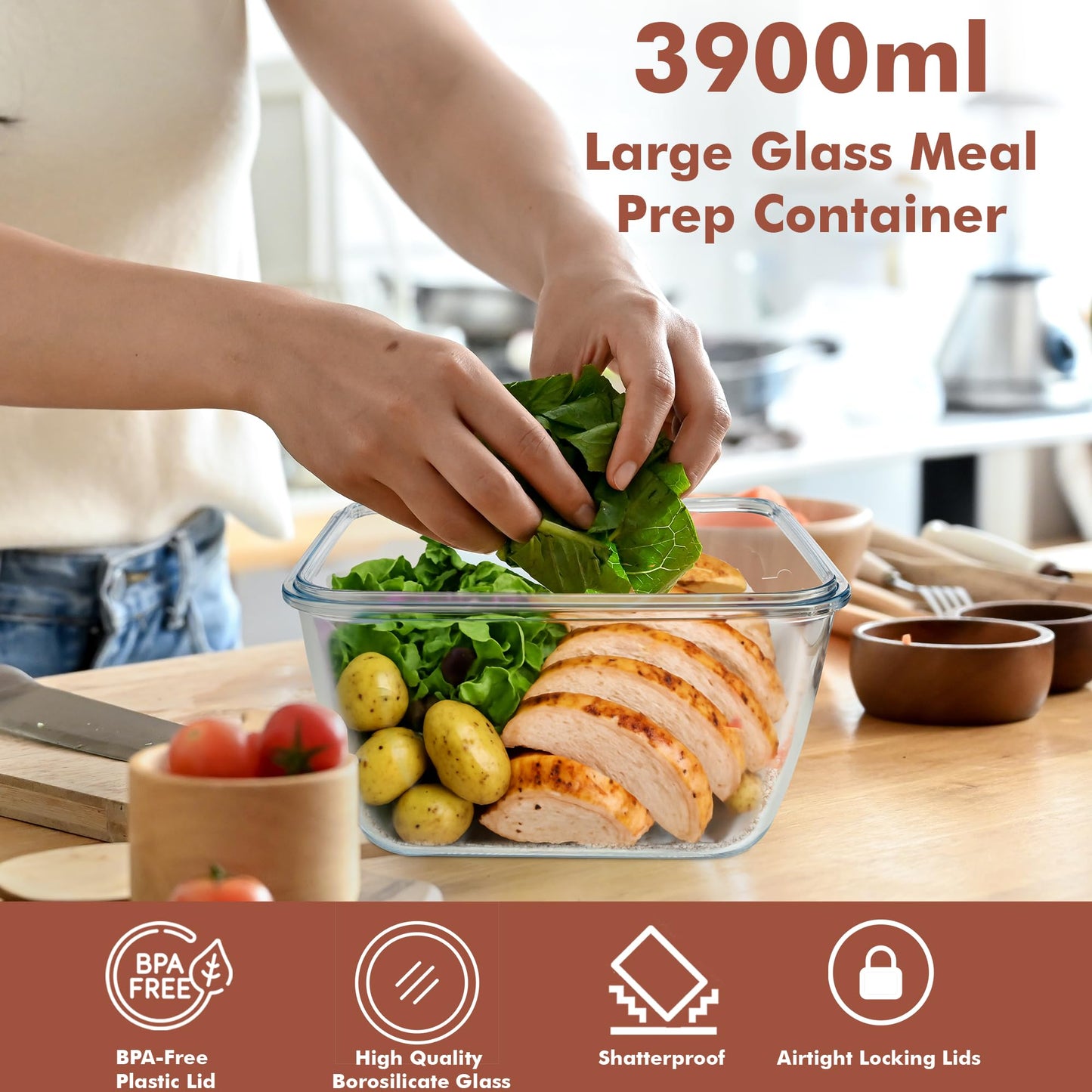 Razab 17 Cups / 132 Oz / 3900ml Large Glass Container Food Storage with Lids - Leakproof, BPA-Free Large Meal Prep Container Ideal for Roasting Turkey, Store Leftover - Microwave & Oven Safe