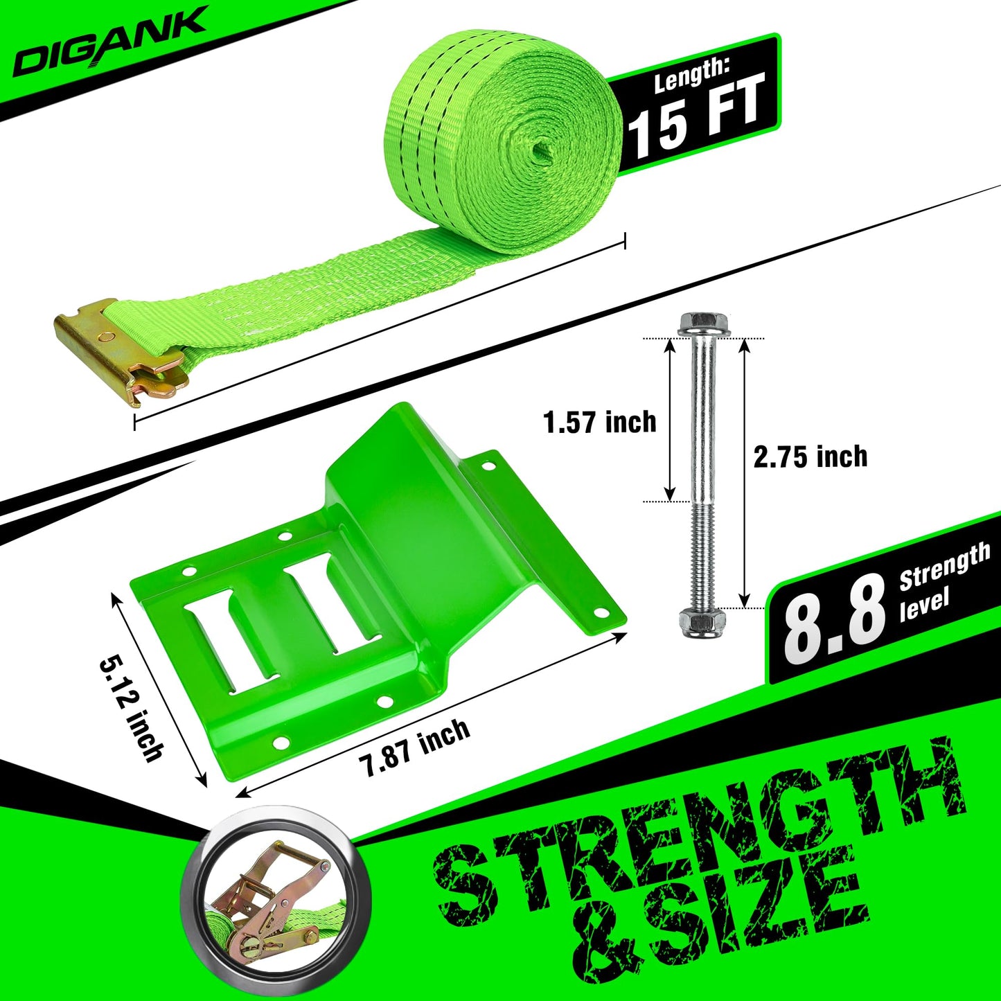 Digank E Track Wheel Chock Tie Down Kit, 2in*15ft Heavy Duty Straps for Car Trailer UTV ATV, Ratchet Tie Downs With Tire Straps (2 Pack)