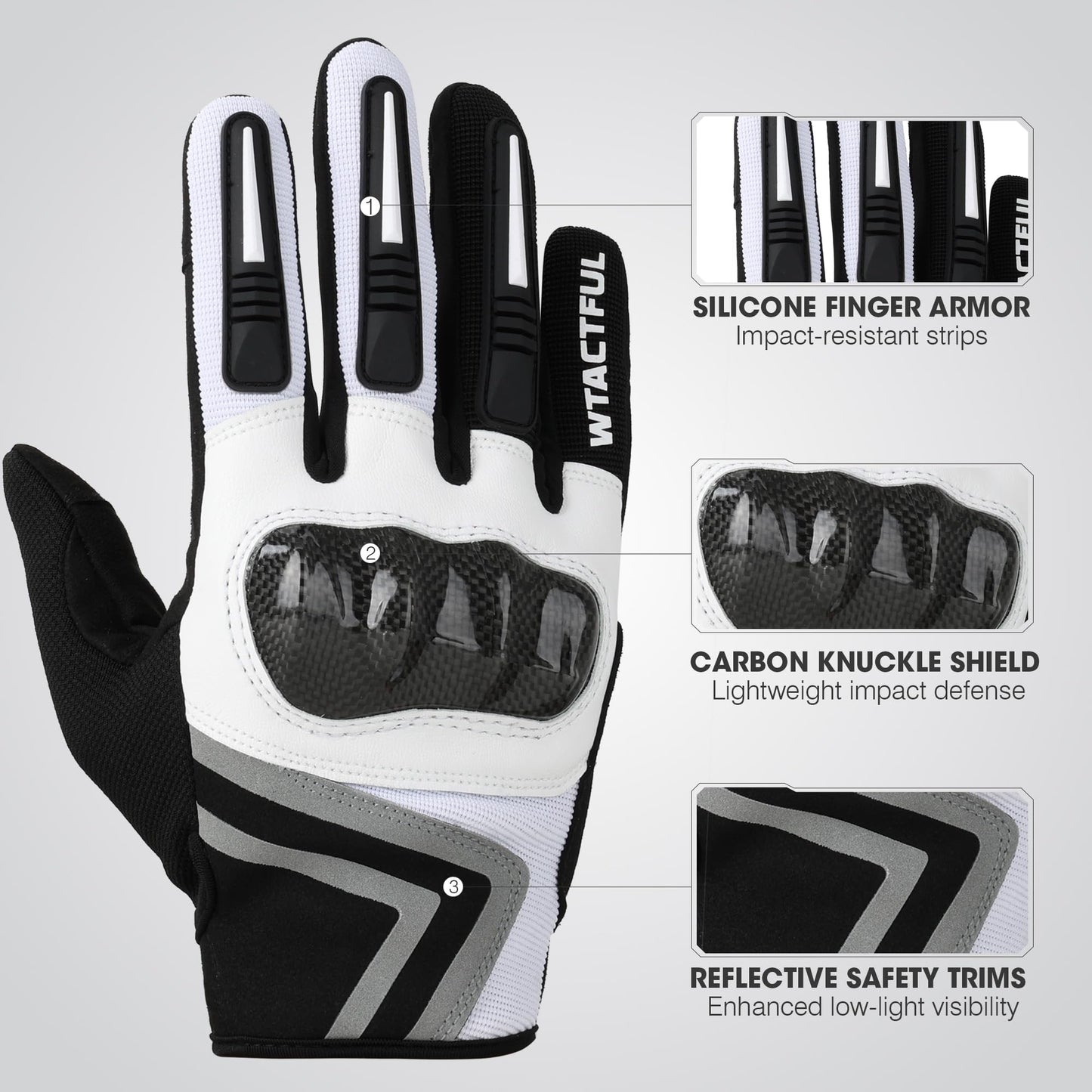WTACTFUL Motorcycle Gloves for Men Women, Dirt Bike Riding Gloves Full Finger Touchscreen Breathable for Motocross Road Racing Cycling Mountain Bike Bicycle Off-Road MTB ATV Summer White L