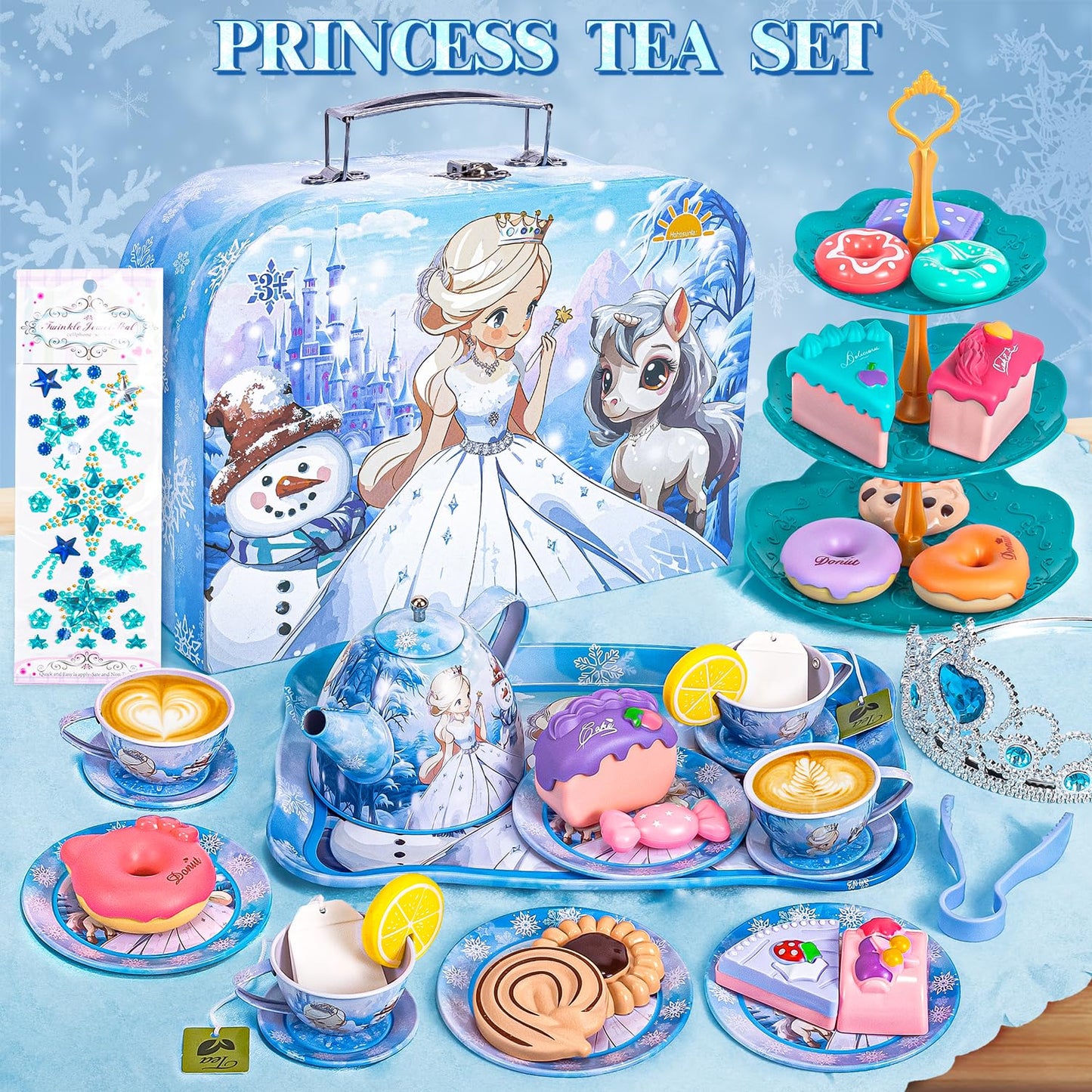 Frozen Tea Party Set for Little Girls, Elsa Princess Toy Gift, Kids Pretend Play Tin Tea Set with Teapot, Tea Cups, Food Playset & Carrying Case, Birthday for Girls Age 3+