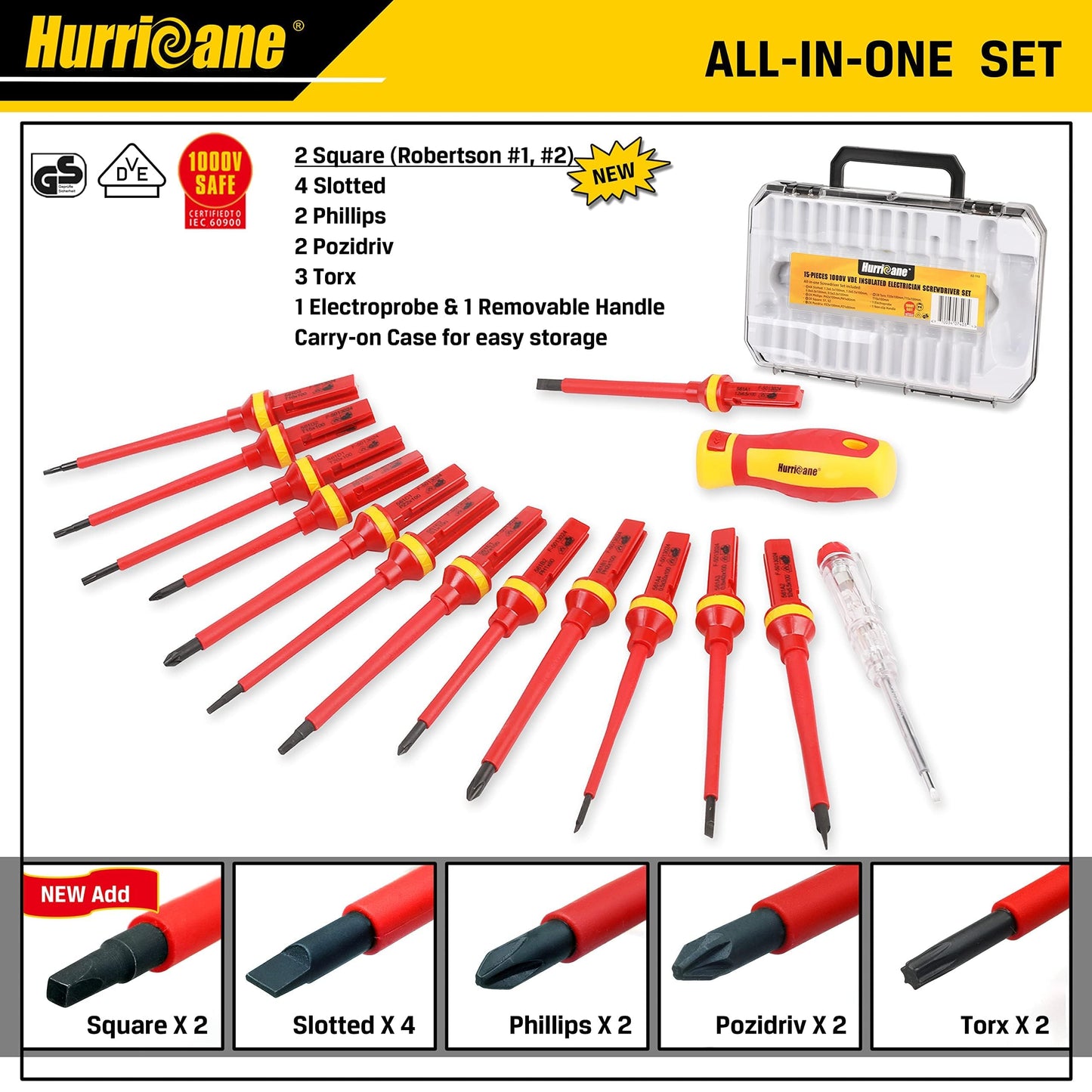 HURRICANE 1000V Insulated Screwdriver Set, 15 Piecse Professional Insulated Electrician Screwdriver Set, CR-V Magnetic Tips, Square(Robertson) Phillips Slotted Pozi Torx Insulated Electrician Tool Kit