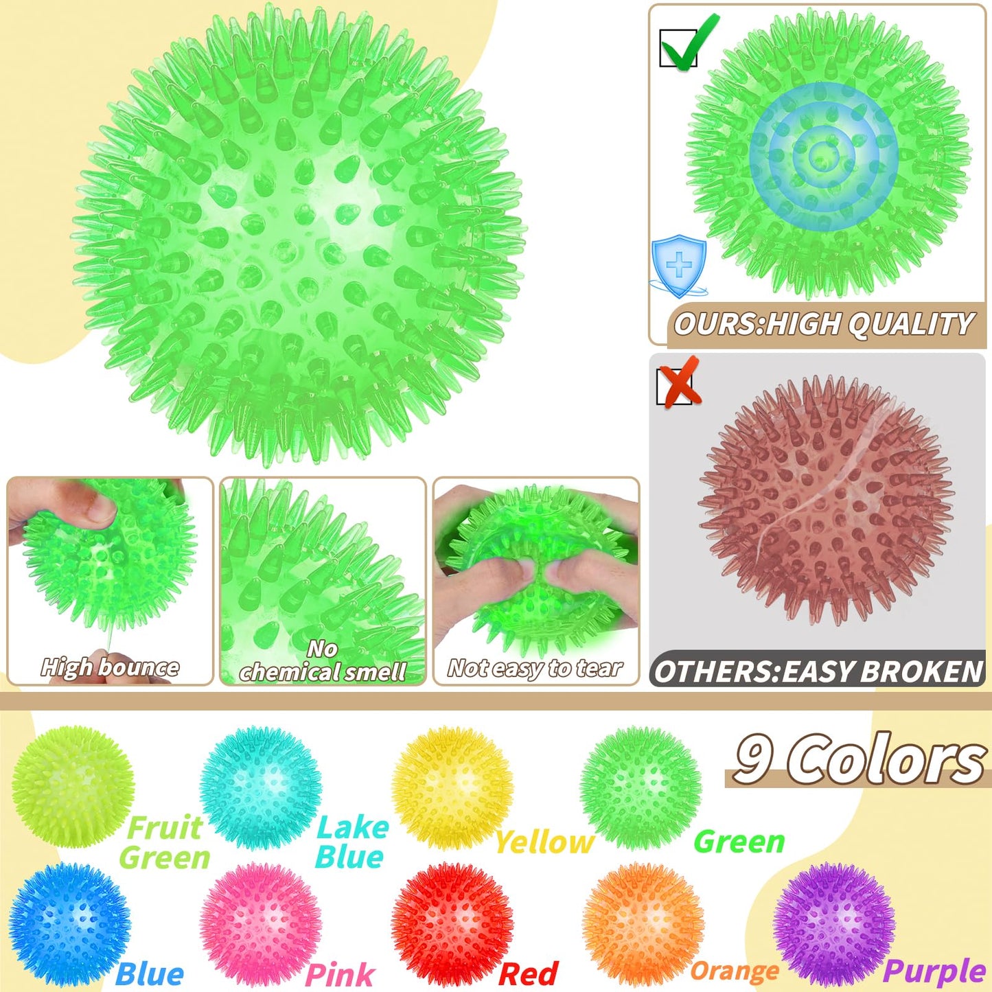 UZLU 36 Pcs 2.5 in Squeaky Dog Toy Balls Spiky Dog Balls Chew Toy for Teething Durable High Bounce TPR Fetch Toy 9 Colors Water Toys for Small Medium Dogs Aggressive Chewers Clean Teeth and Training