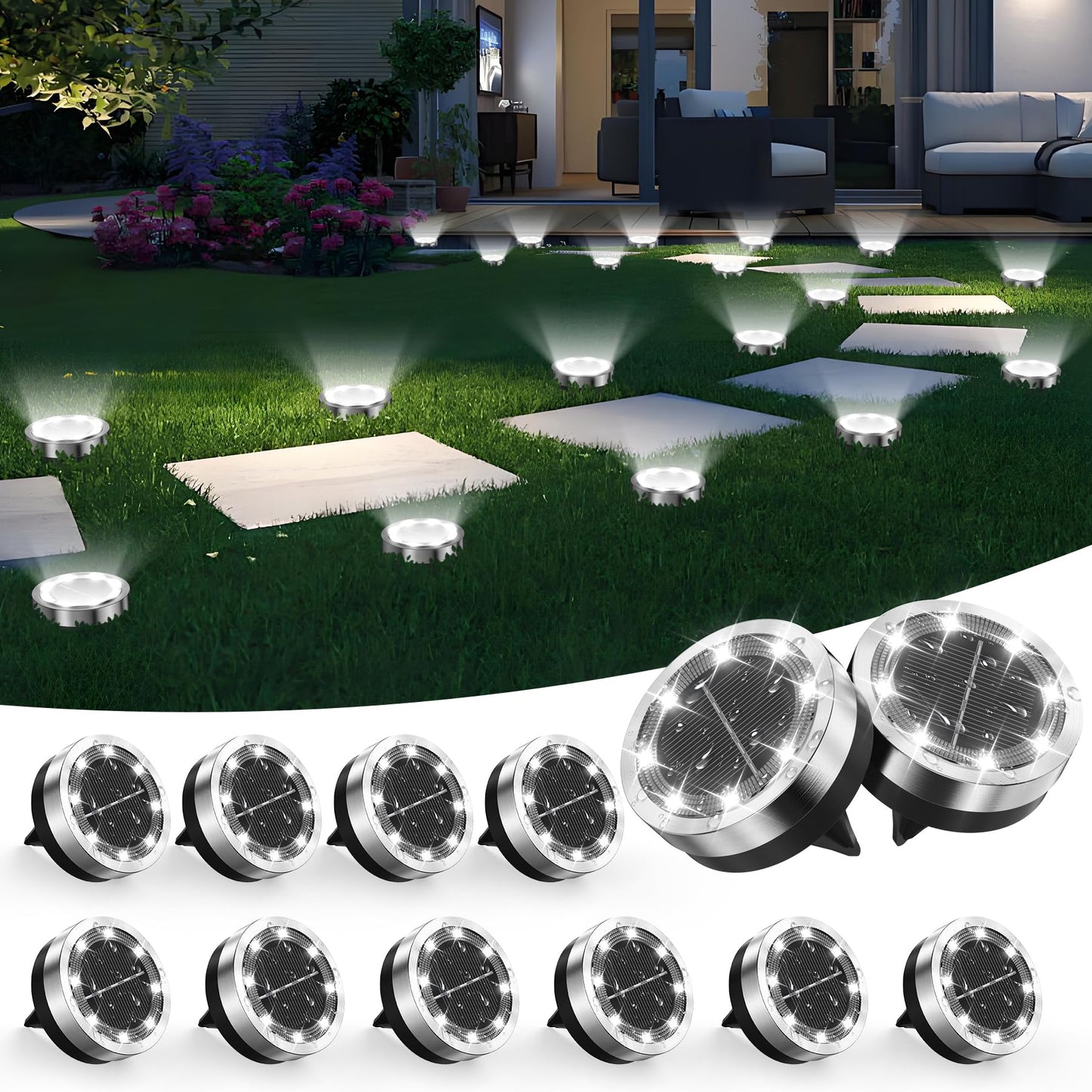 Solar Ground Lights Outdoor, 12 Pack Solar Lights Outdoor Waterproof, Mini Flat Solar-Powered Garden Light, Landscape Lighting for Garden Yard Lawn Pathway Walkway Driveway Backyard Decor, Cold White
