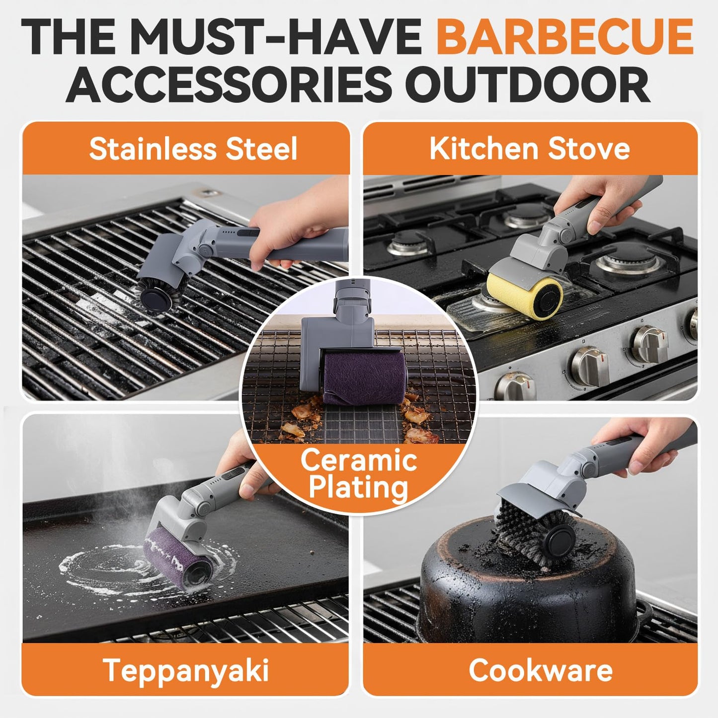 PUVIRECN Electric Grill Cleaner 3 in 1, Cleaning Brush Scraper, Easy Clean Cordless BBQ Barbecue Scrubber, for Father's Day, Dad! 50Kg.f High Torque, 2500mAH, 68W Motor & 360RPM, Splash Guard, IPX7