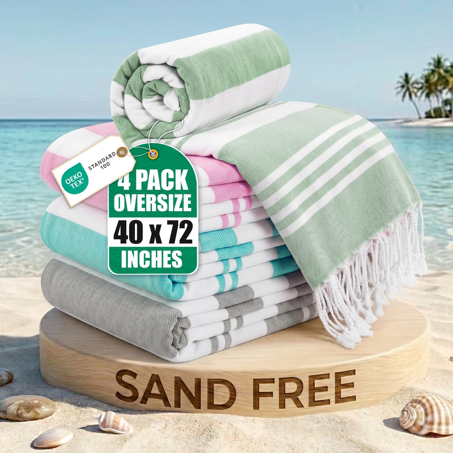 Utopia Towels [4 Pack Turkish Beach Towel (40 x 72 Inches) - 100% Cotton Oversized Sand Free Lightweight & Quick-Dry, Prewashed for Soft Feel Large Peshtemal Towel (Cool Grey, Aqua, Pink, Sea Foam)