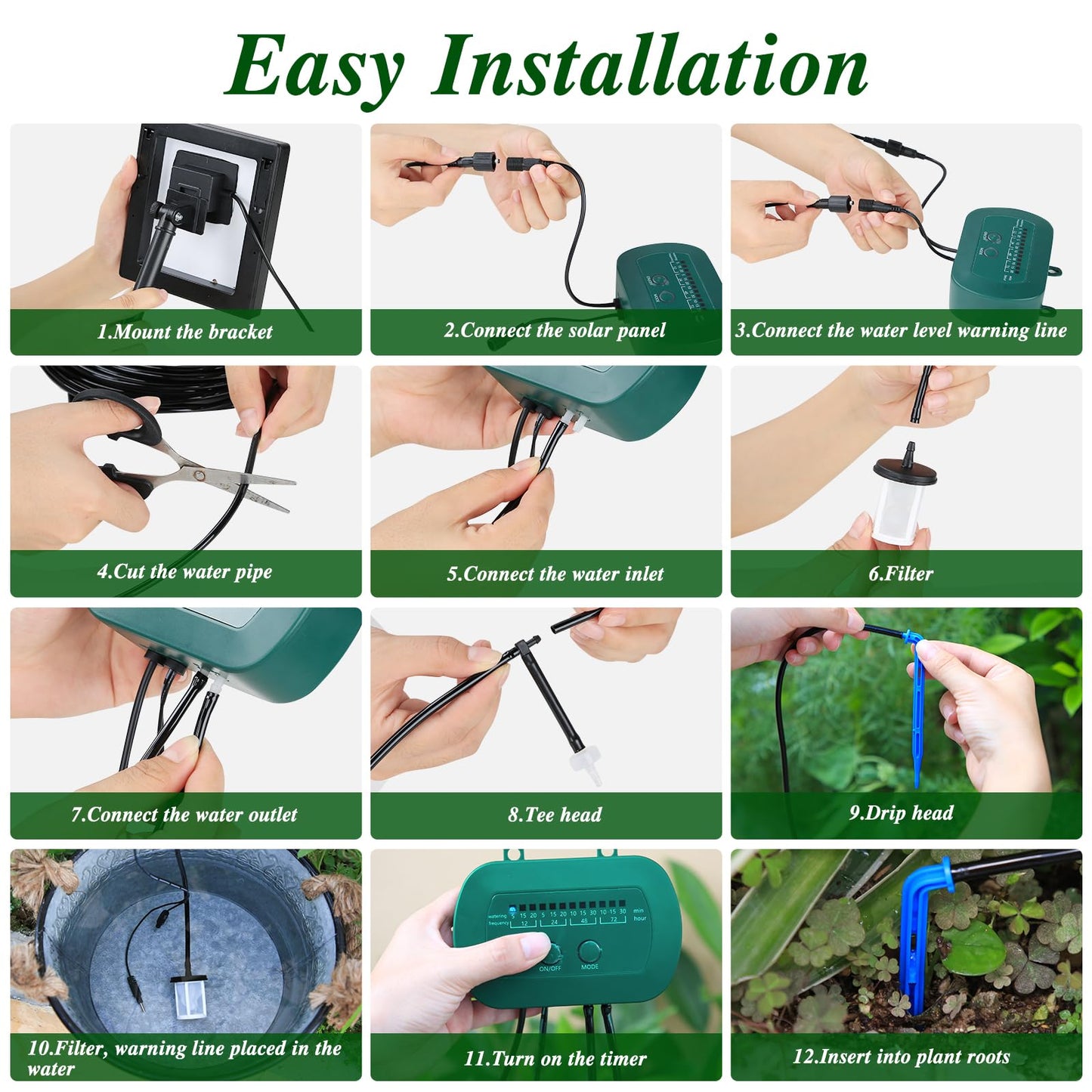 AnseTo Garden Drip Irrigation System, Solar Drip Irrigation System Kit with Automatic Water Timer, for Automatic Watering System for Potted Plants in Garden, Balcony, Greenhouse, Support 15 Plants