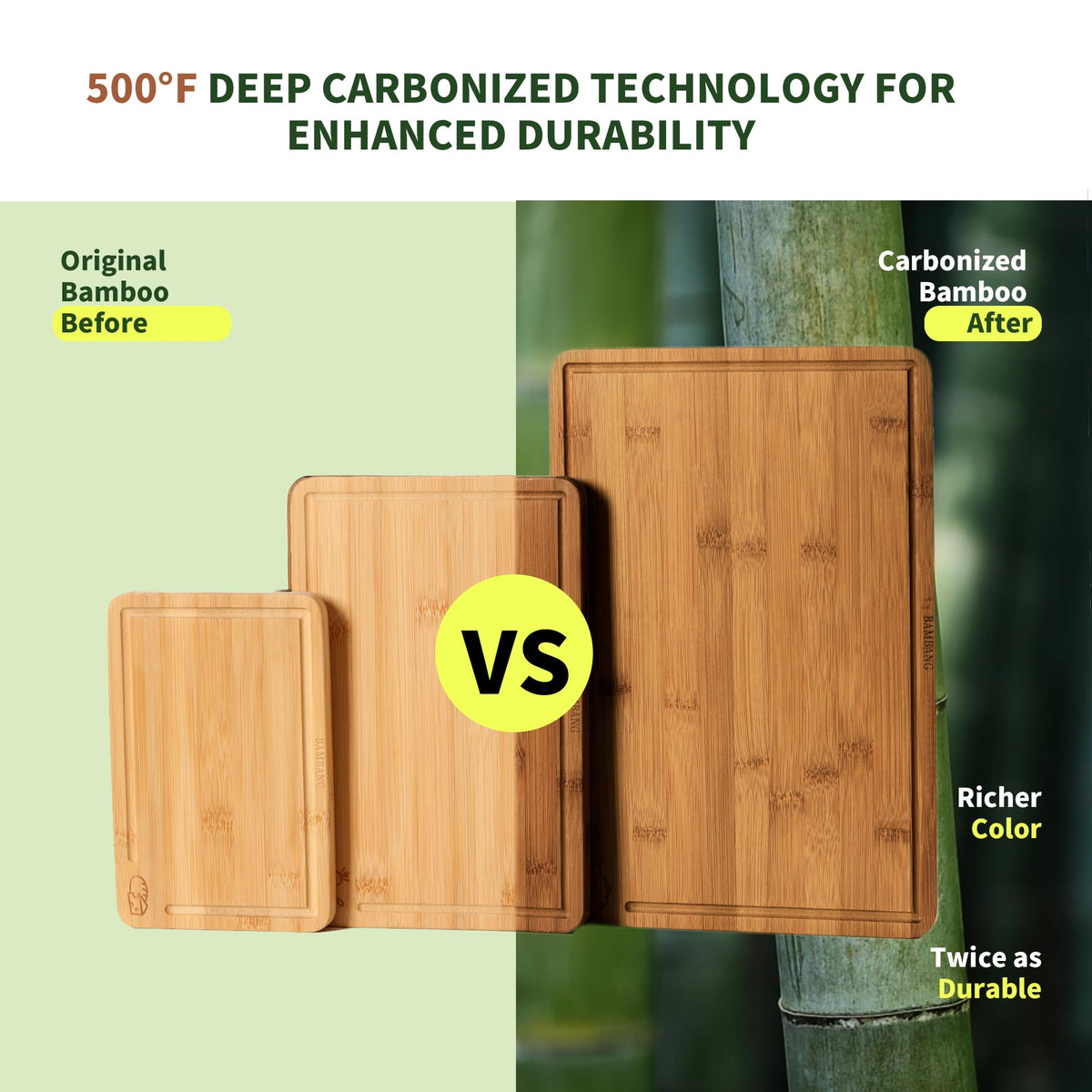 BAMBANG Bamboo Cutting Board, Dark Carbonized Chopping Boards Set of 3 with Stand, Butcher Block with Deep Juice Groove, Non-Toxic Wooden Cutting Boards for Kitchen Meal Prep & Serving