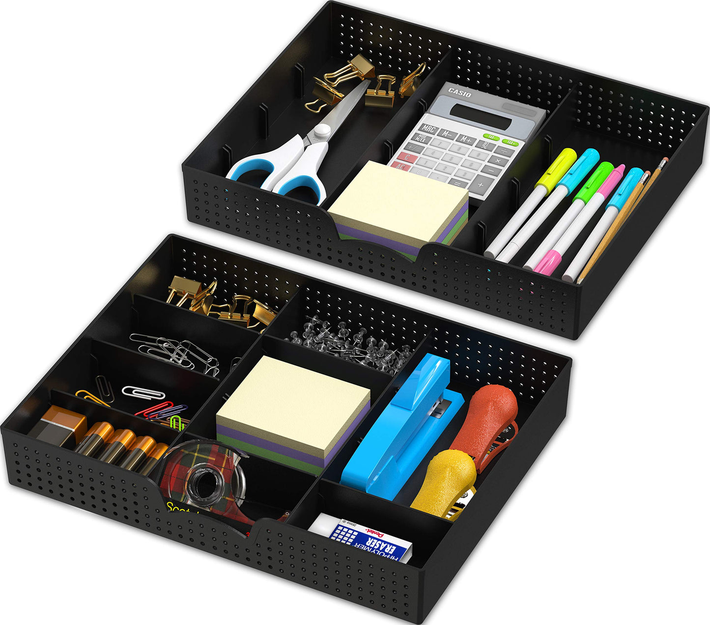 Simple Houseware Drawer Organizer Tray with 9 Adjustable Compartments, 2 Packs, Black