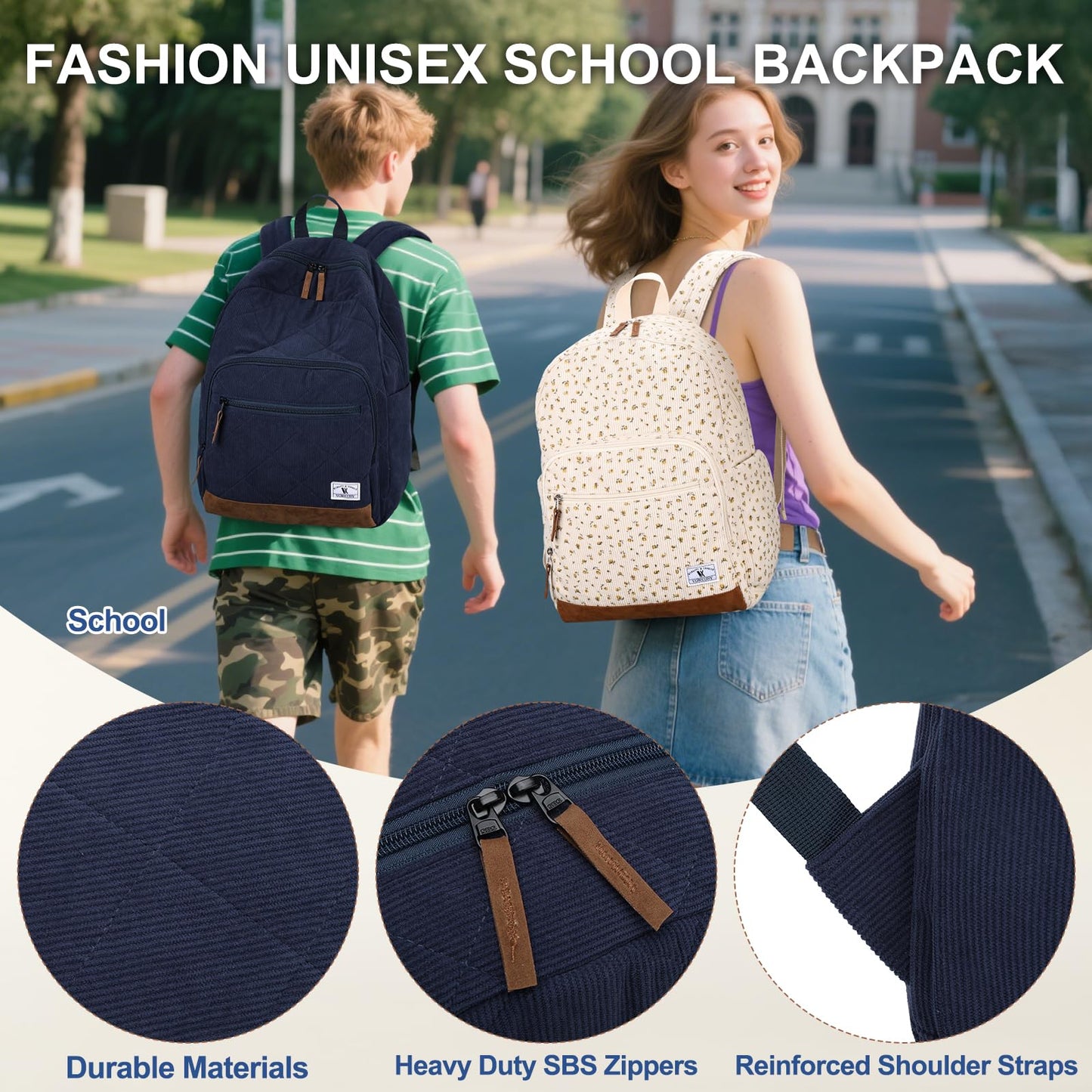 VX VONXURY Corduroy Backpack for Teens，Lightweight 15.6 inch Bookbag for Girls Boys Casual School bag for Men Women