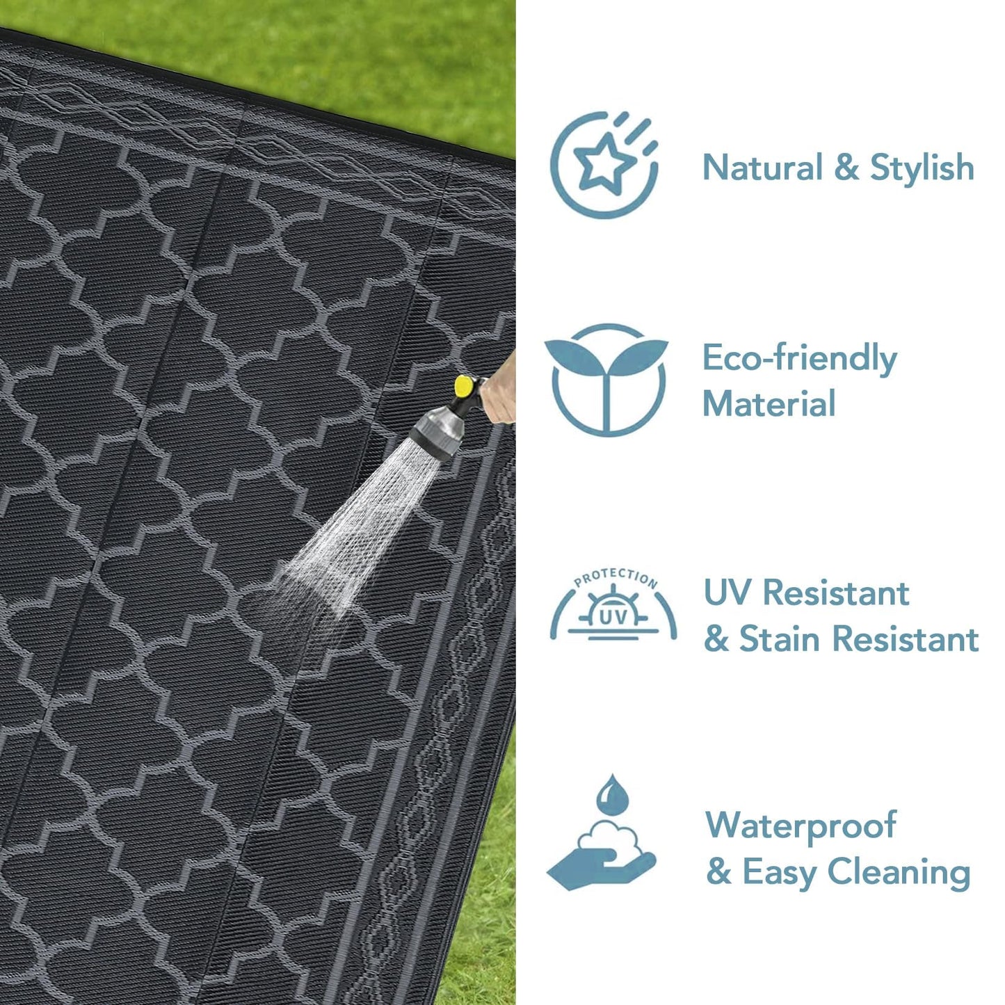 Garvee Morocco Outdoor Plastic Straw Rug 6'x9', Patio Rugs for Camping, Reversible Outdoor Carpet for RV, Waterproof Geometric Mat for Picnic, Deck Balcony Porch Backyard,Black & Grey