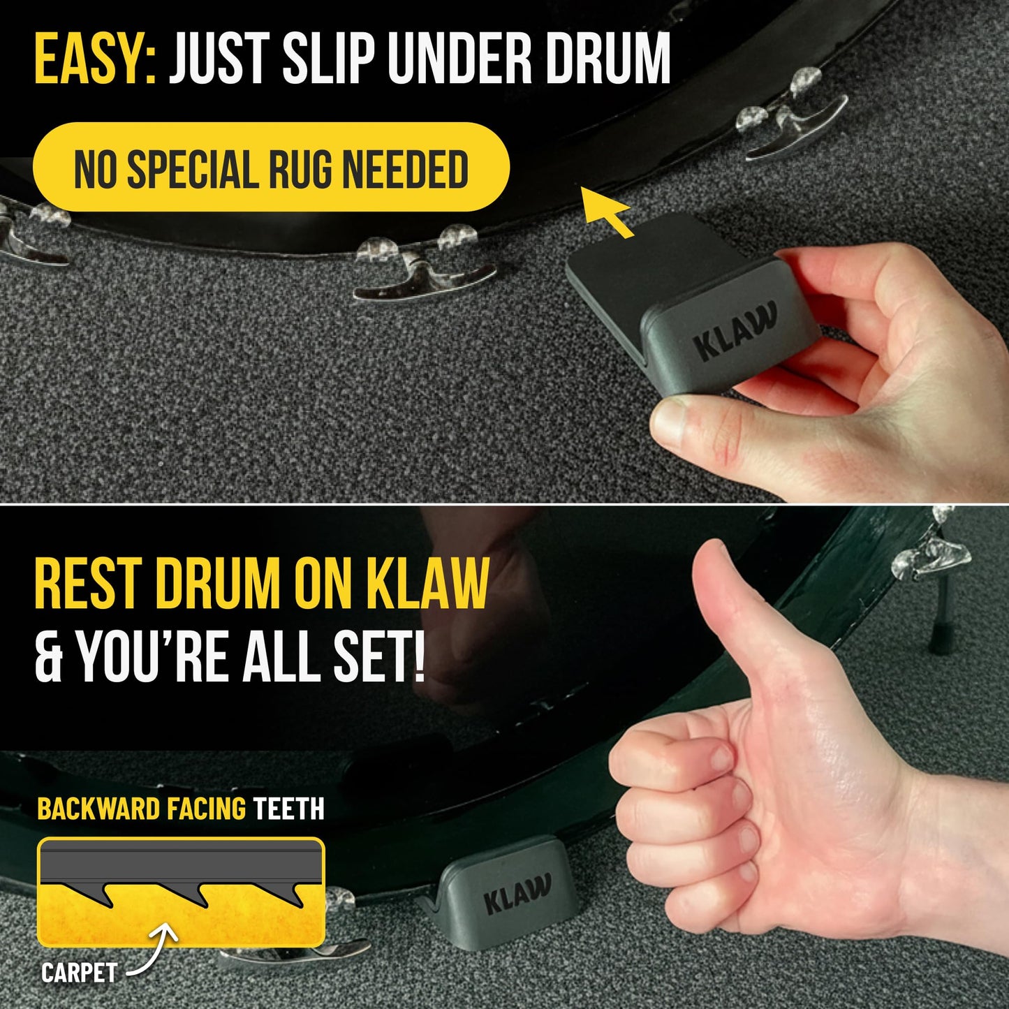 KLAW Bass Drum Rug Anchor - Completely Stops Drum Creep | Works on Every Drum Mat, Drum Rug & Carpet | Pocket Drum Accessories For Kick Drums | Gift Ready Drum Set Brake Accessory (Black, Regular)
