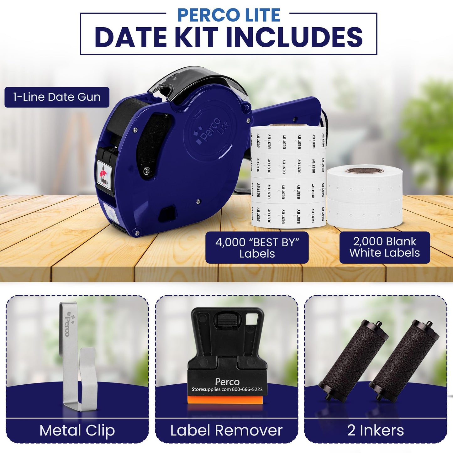 Perco Lite 1 Line Date Gun Kit - Includes 2 White Rolls, 4 Rolls of Best by Labels, 2 Ink Rollers - 1 Ink roll and Labels Pre-Loaded