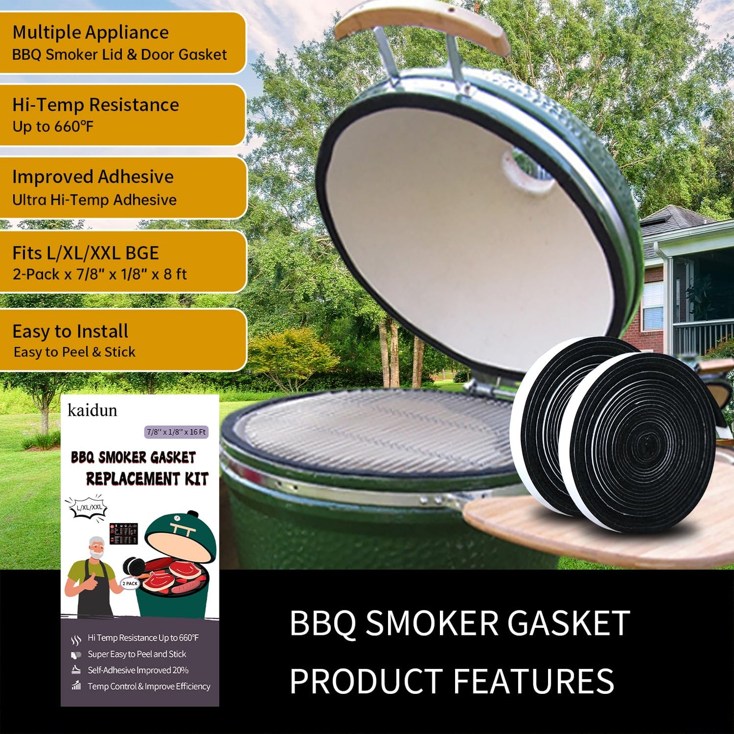 kaidun Gasket Replacement for Big Green Egg Large/XL/XXL, Included Small Meat Smoking Guide, High Temp BBQ Smoker Gasket, 16 Ft, 7/8" x 1/8"
