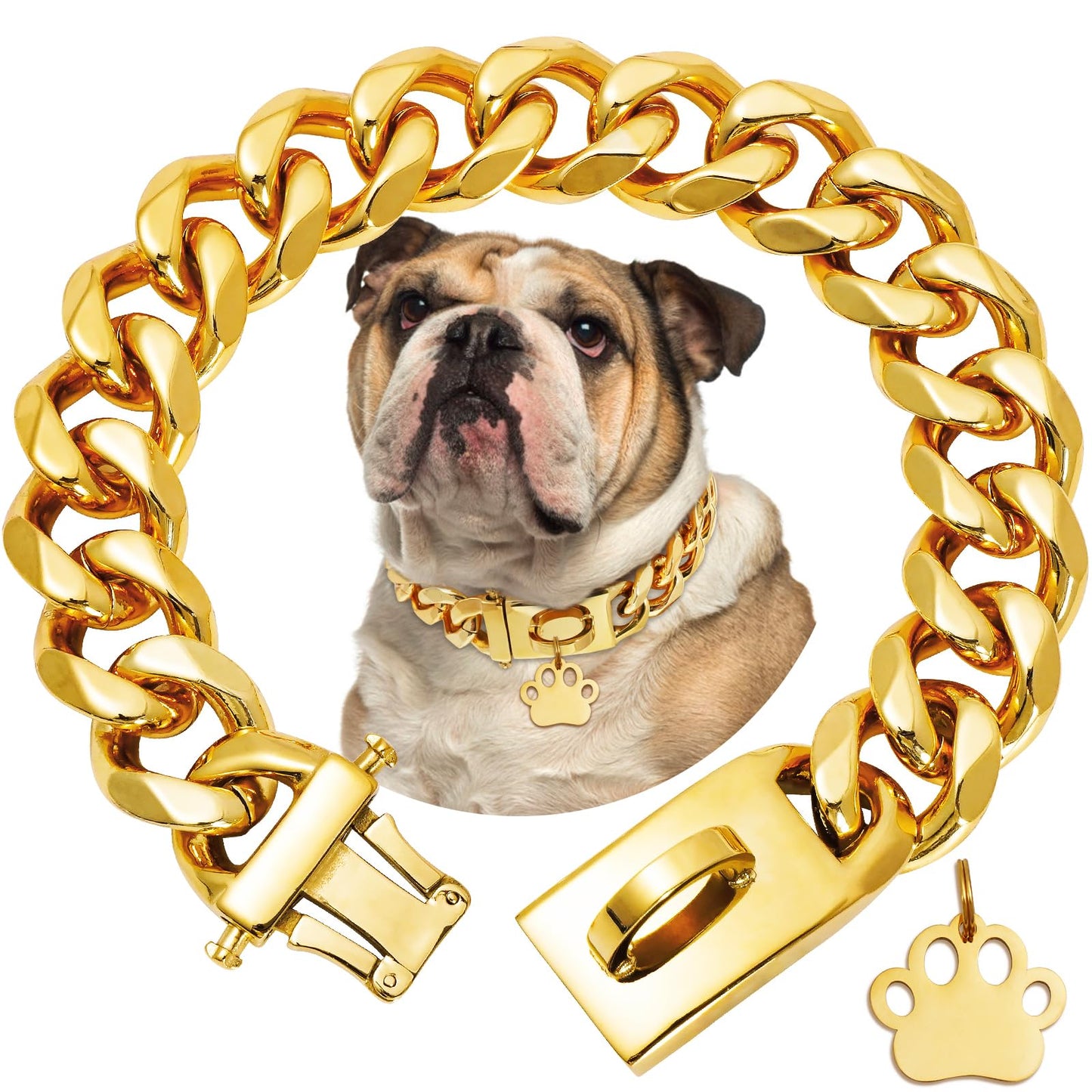 19mm Wide Gold Dog Chain Collar with Buckle,18K Gold Plated,Heavy Duty Strong Stainless Steel Metal Pet Solid Cuban Links Collars for Dogs(22inch)