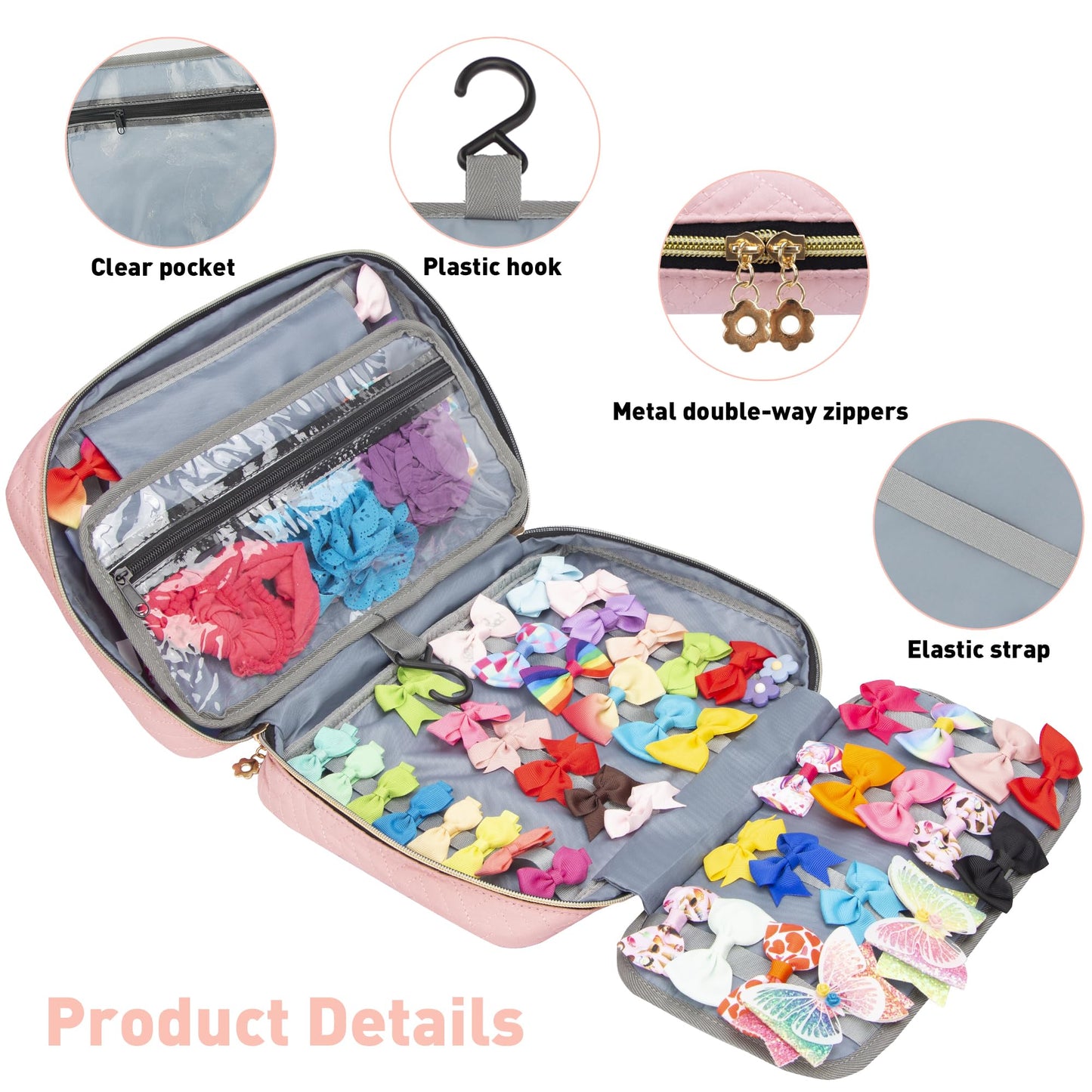 MICOM Hanging Hair Accessories Storage Bag for Girls, Hair Bow Organizer, Hair Accessories Storage Carrying Case for Display Hair Clips, Headbands, Scrunchies, Hair Ties Holder with Hook (Pink)