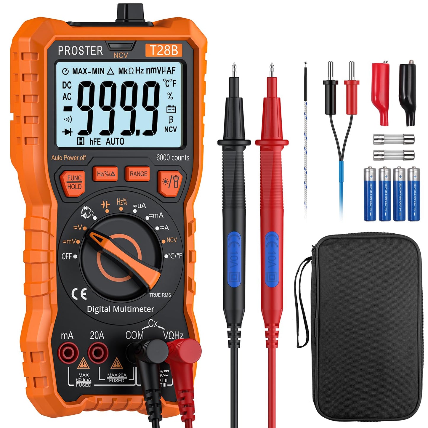 Proster Digital Multimeter 6000 Counts TRMS Auto Range NCV Detector DC AC Voltage Current Meter Temperature Capacitance Resistance Diode Continuity Tester
