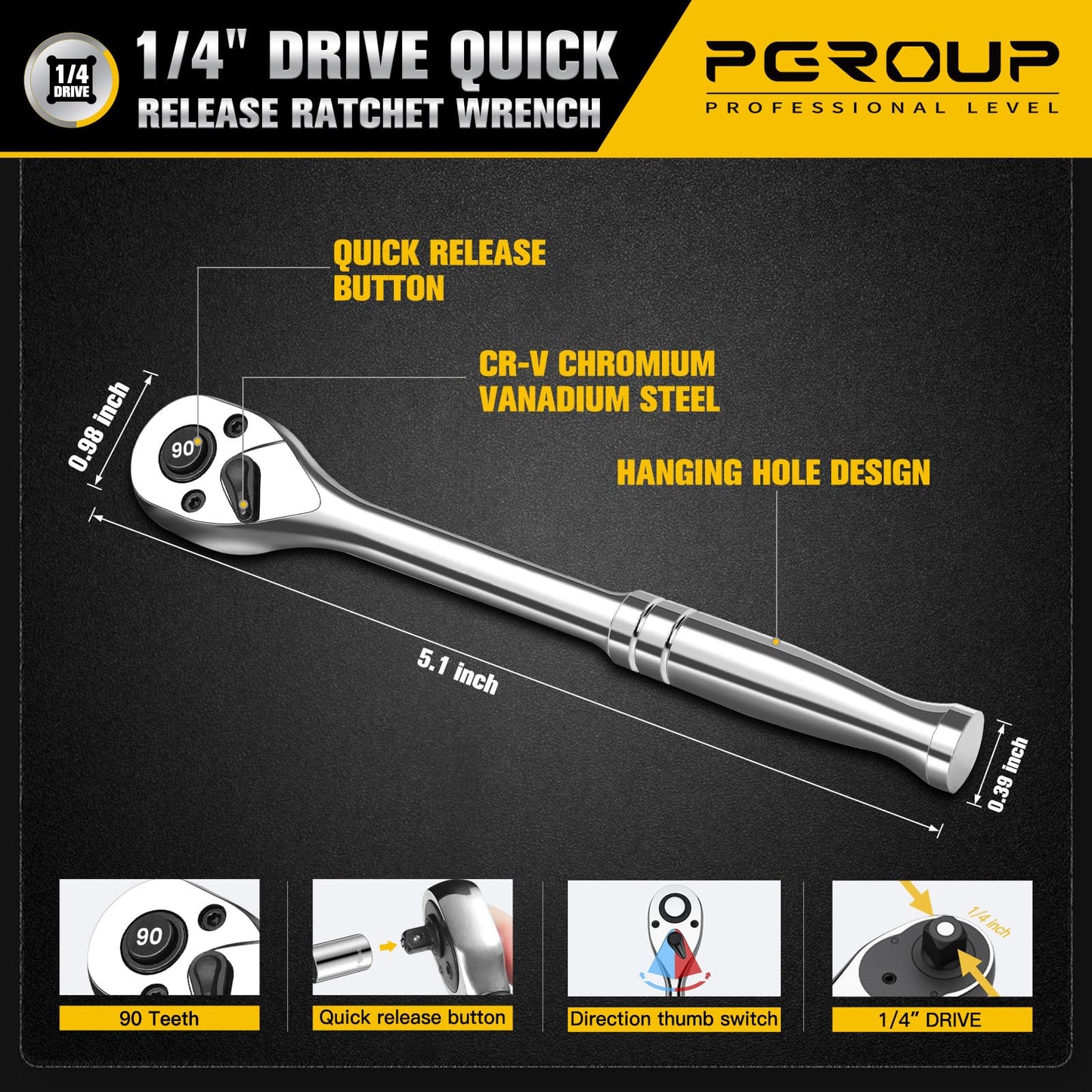 PGROUP 44-Piece 1/4 Inch Drive SAE & Metric Socket Set, Ratchet Socket Set with 90 Tooth Reversible Ratchet Wrench and Extension Bars, Chrome Vanadium Steel