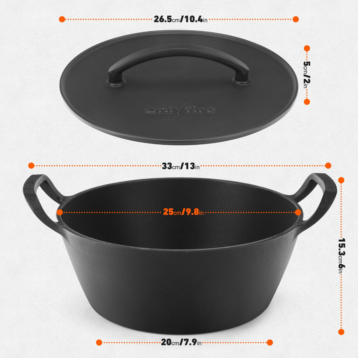 onlyfire Cast Iron Dutch Oven Pot with Dual Handles Heavy Duty Round Casserole for Gas Stoves & Open Flame Cooking