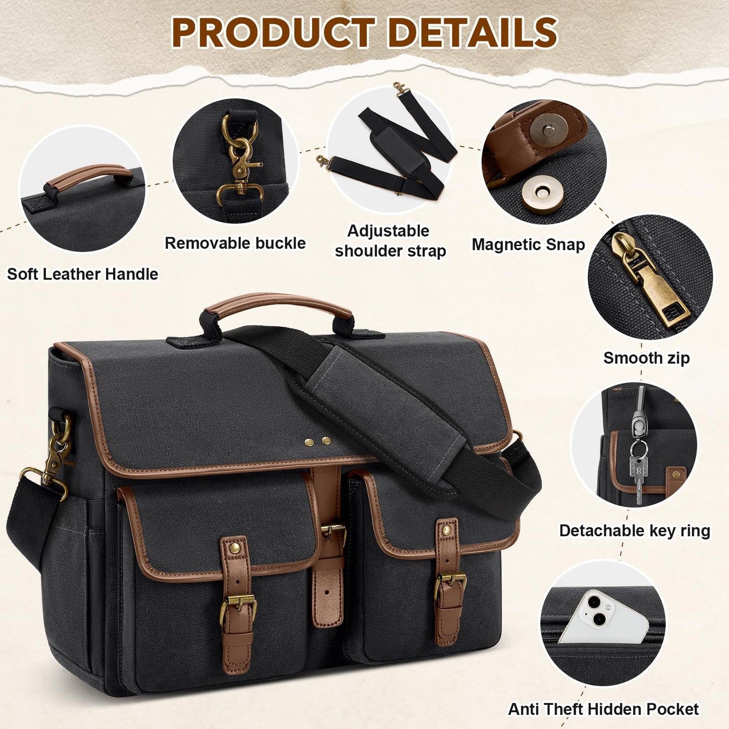 RAINSMORE Messenger Bag Men Canvas 15.6 Inch Computer Laptop Bag Waterpfoof Satchel Bags for Men Work Office, Black