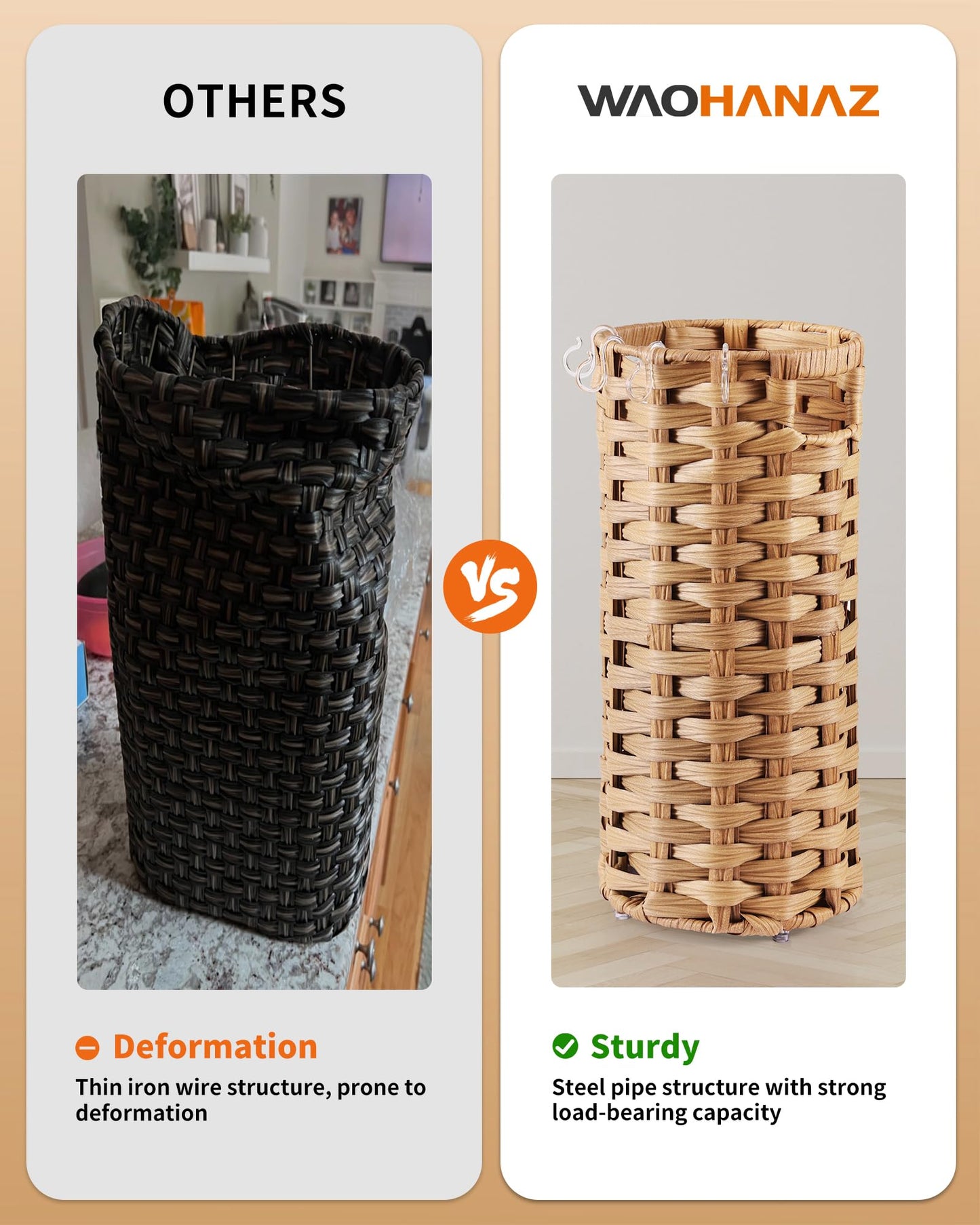 WAOHANAZ Rattan Umbrella Stand, Umbrella Holder for Entryway, Hand Woven Umbrella Rack Organizer Freestanding, with a Detachable Drip Tray, 4 Hooks, 7.5" L x 7.5" W x 16.5" H
