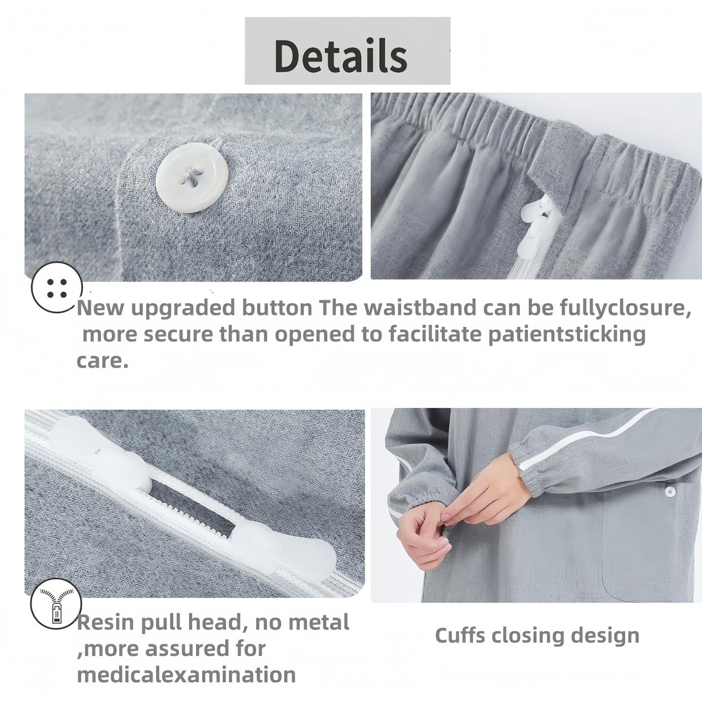 Aylashine Bedridden Patient Nursing Pajamas, Two Ways to wear, Front and Back Cotton, Breathable, Sweat-Wicking and Comfortable, Unisex, Zipper Closure,Gray XXXL