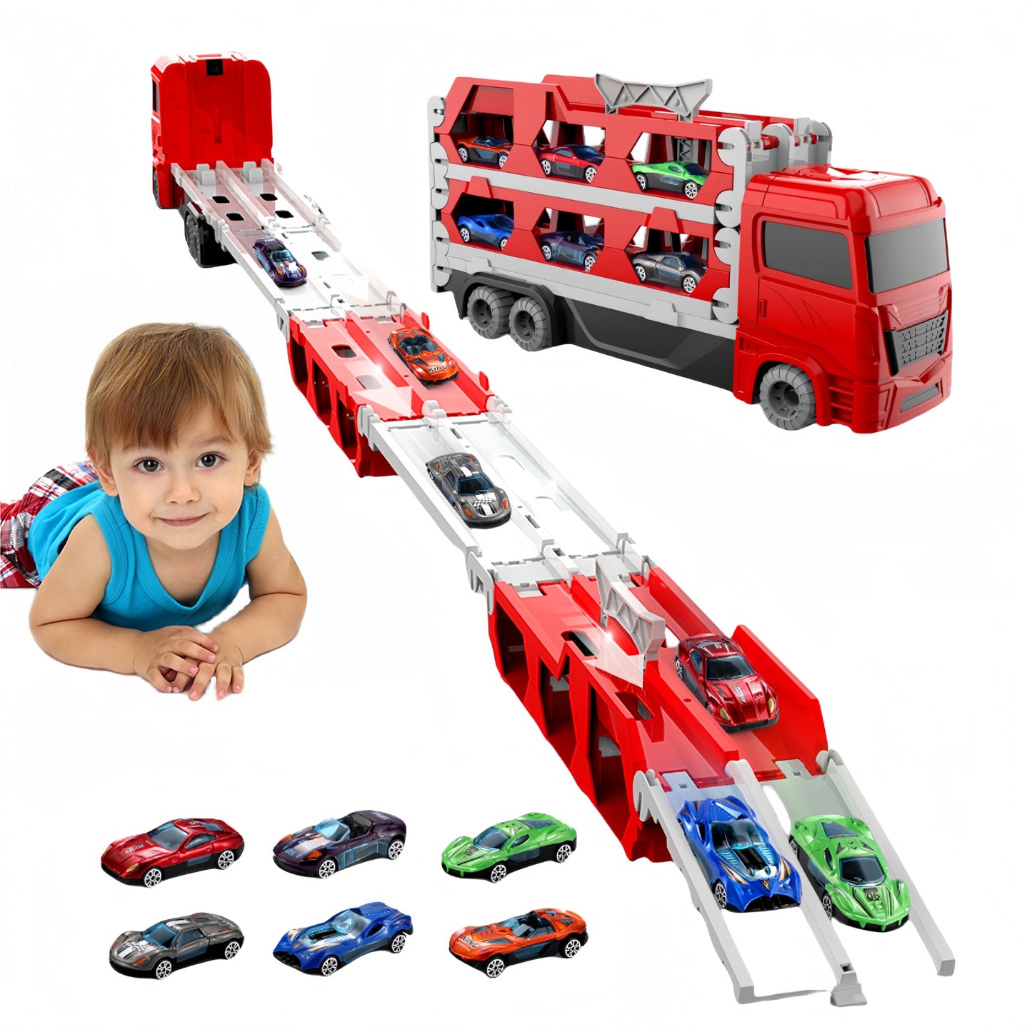 Bearbao Toddler Boy Toys for 2 3 4 5 6 Years Old Boys, 65 Inches Race Track for Boys Kids Die-Cast Transport Truck Car Toys, Toddler Car Toys Set for Kids Boy Girls
