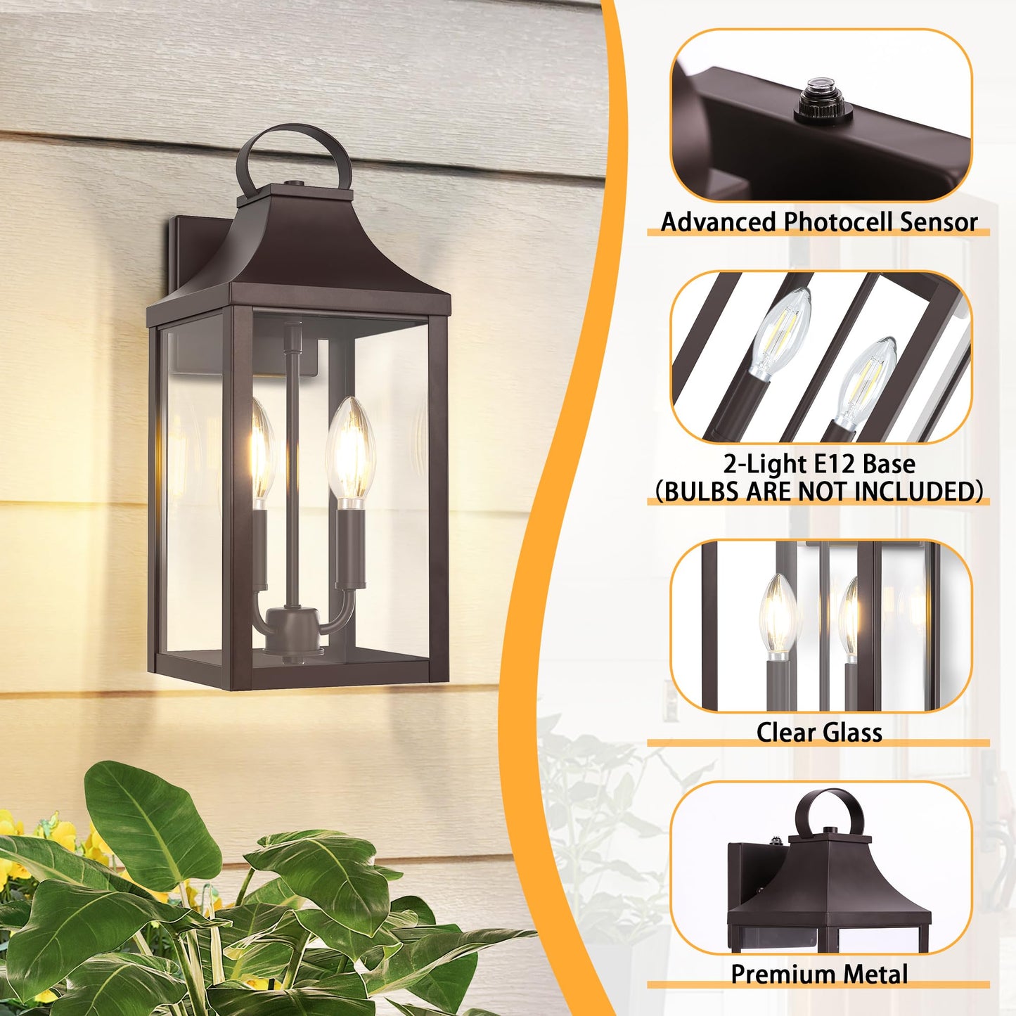 15" Oil Rubbed Bronze Dusk to Dawn Outdoor Lighting 2-Light, Outdoor Light Fixture Outside Modern Wall Sconce Lantern, Industrial Porch Light Wall Mount with E12 Sockets, Waterproof Exterior Lamp