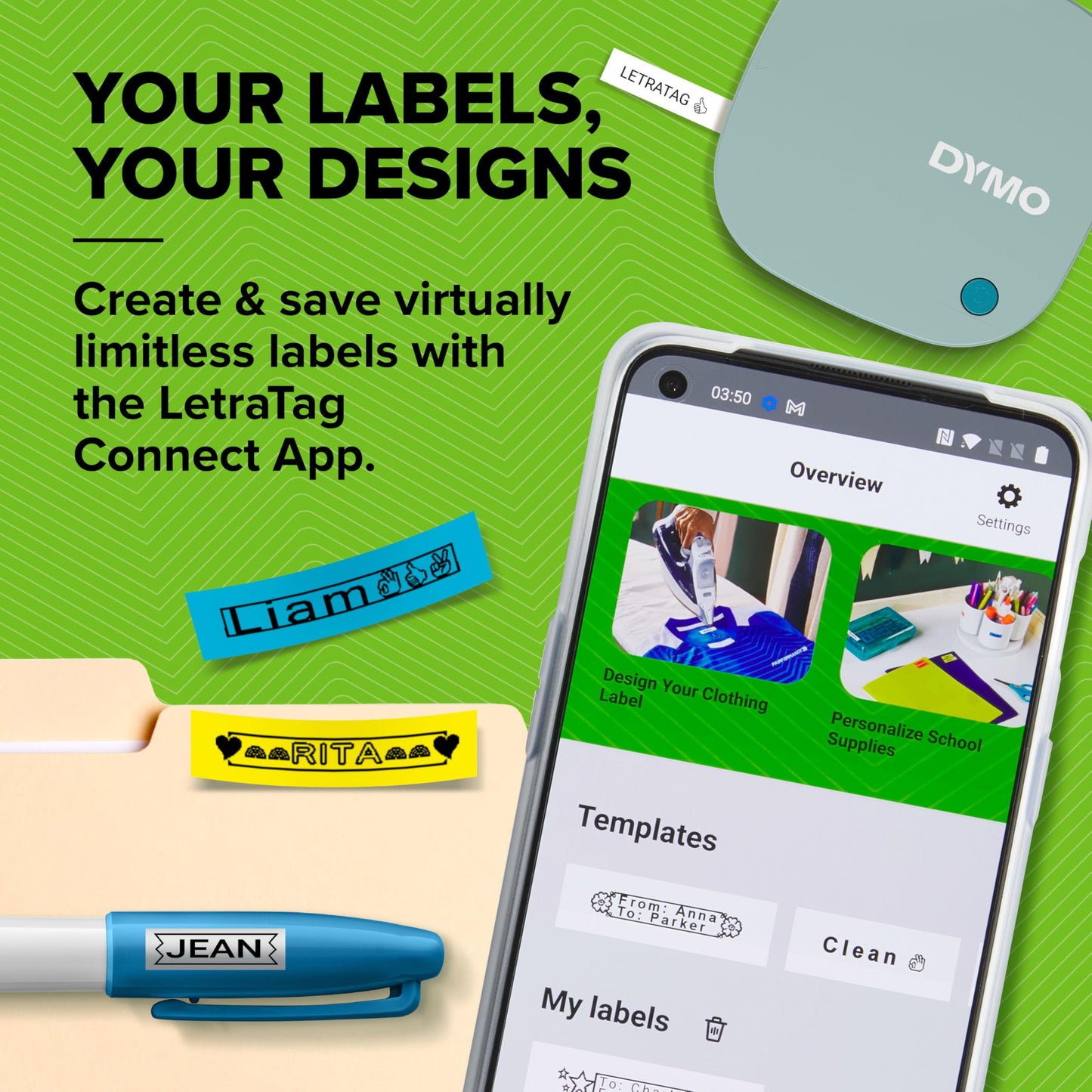 DYMO LetraTag 200B Bluetooth Label Maker, Compact Printer for Labels, Connects Through Bluetooth Wireless Technology to iOS and Android, Includes 1 White Paper Label Tape, Daydream Blue