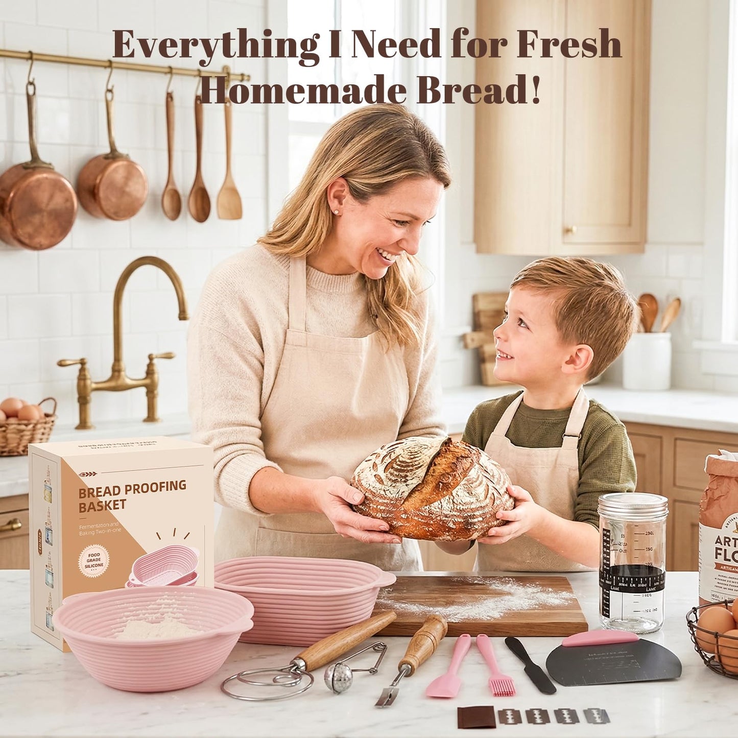 MQFORU Sourdough Bread Starter Kit, 30Pcs Sourdough Starter Kit, 9" Round and 10" Oval Banneton Proofing Basket 730ml Starter Jar, Easy to Fold and Washable Microwave-Safe, Gift for Baking Enthusiasts