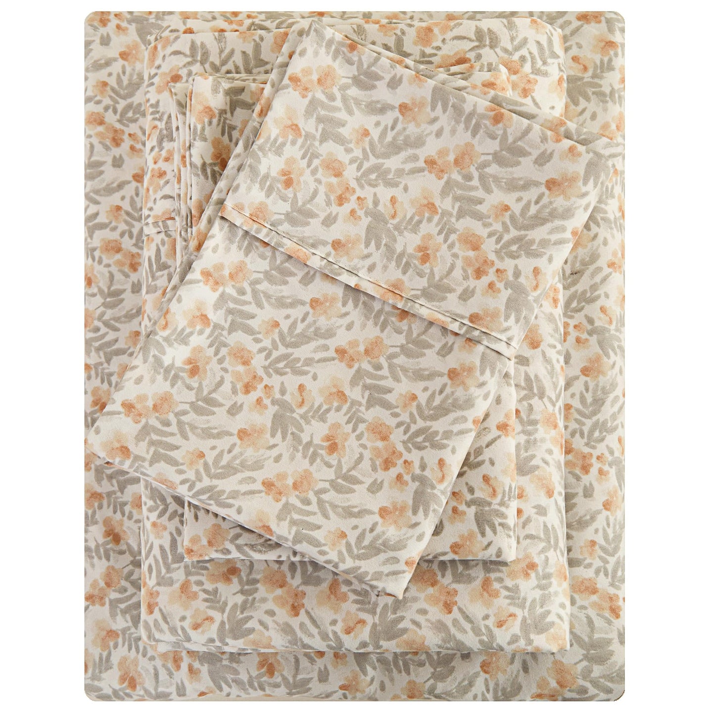 Viviland Floral King Sheet Set - 4 Piece Vintage Light Orange Flower Patterned Bed Sheets - Soft, Breathable Microfiber Sheets with Deep Pocket, Non-Slip Fitted Sheets & Pillowcases