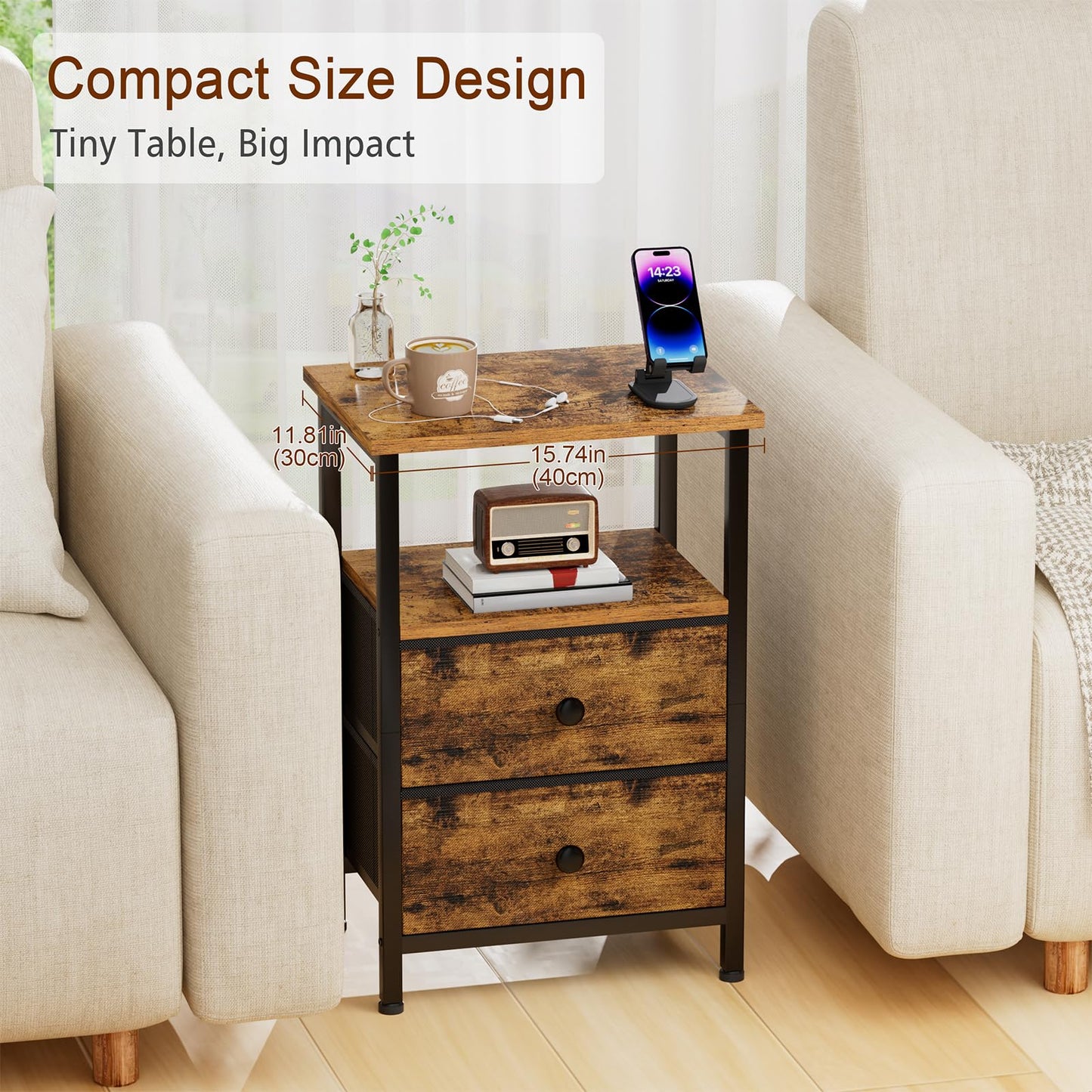 LOAKEKEL Night Stand, Bed Side Table with 2 Fabric Drawer for Living Room, Nightstand with Large Storage Space, End Table with Shelf for Bedroom, Brown, HETS002BR-1