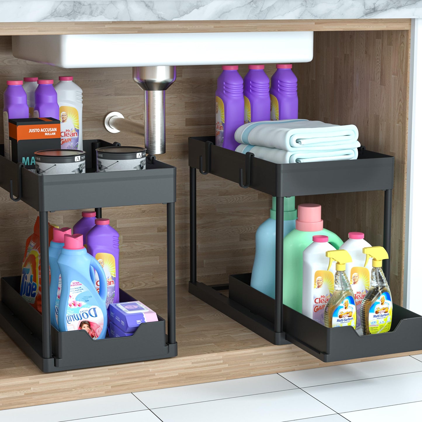 2-PACK Under Sink Organizers and Storage with Sliding Drawer, 2-Tier Bathroom Under Sink Shelf Rack,Multi-Functional Cabinet Storage Space Saver For Kitchen/Bathroom/Bedroom/Office.