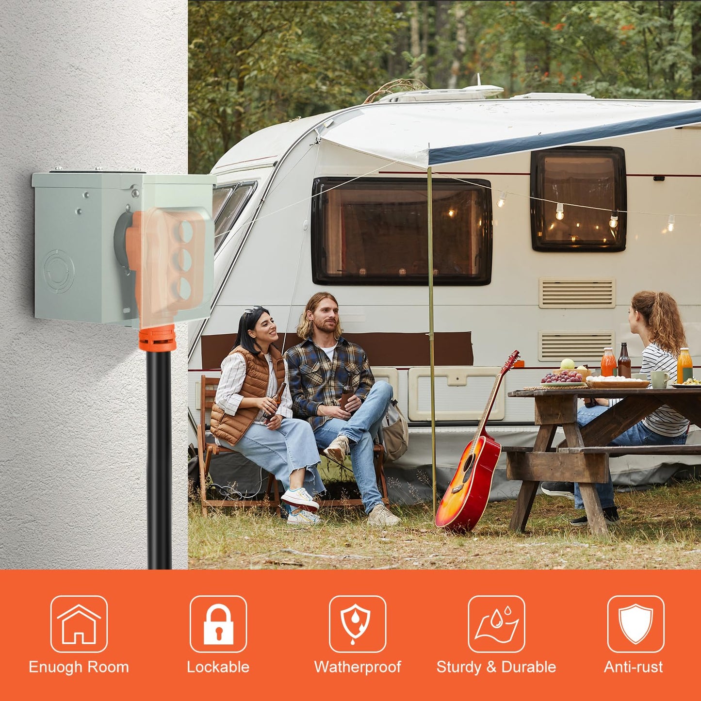 WELLUCK RV Power Outlet Box 50 Amp 125/250V, Nema 14-50R RV Power Receptacle Panel Plug, Enclosed Lockable Weatherproof Outdoor Electrical Box