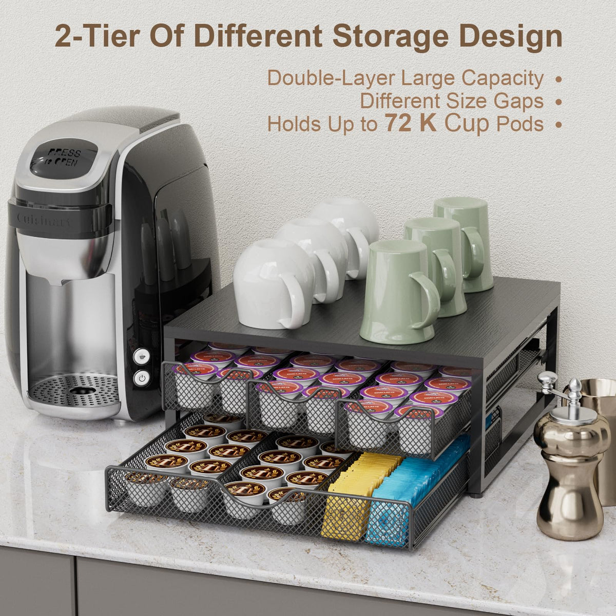 Coffee Pod Holder For Counter, 3 Pull-Out 72 K-Cup Holder Drawer, Wooden Cafe Pods Storage Organizer with Sliding Drawers for Coffee Station, Home, Kitchen, Office, Dorm, Black (Black)