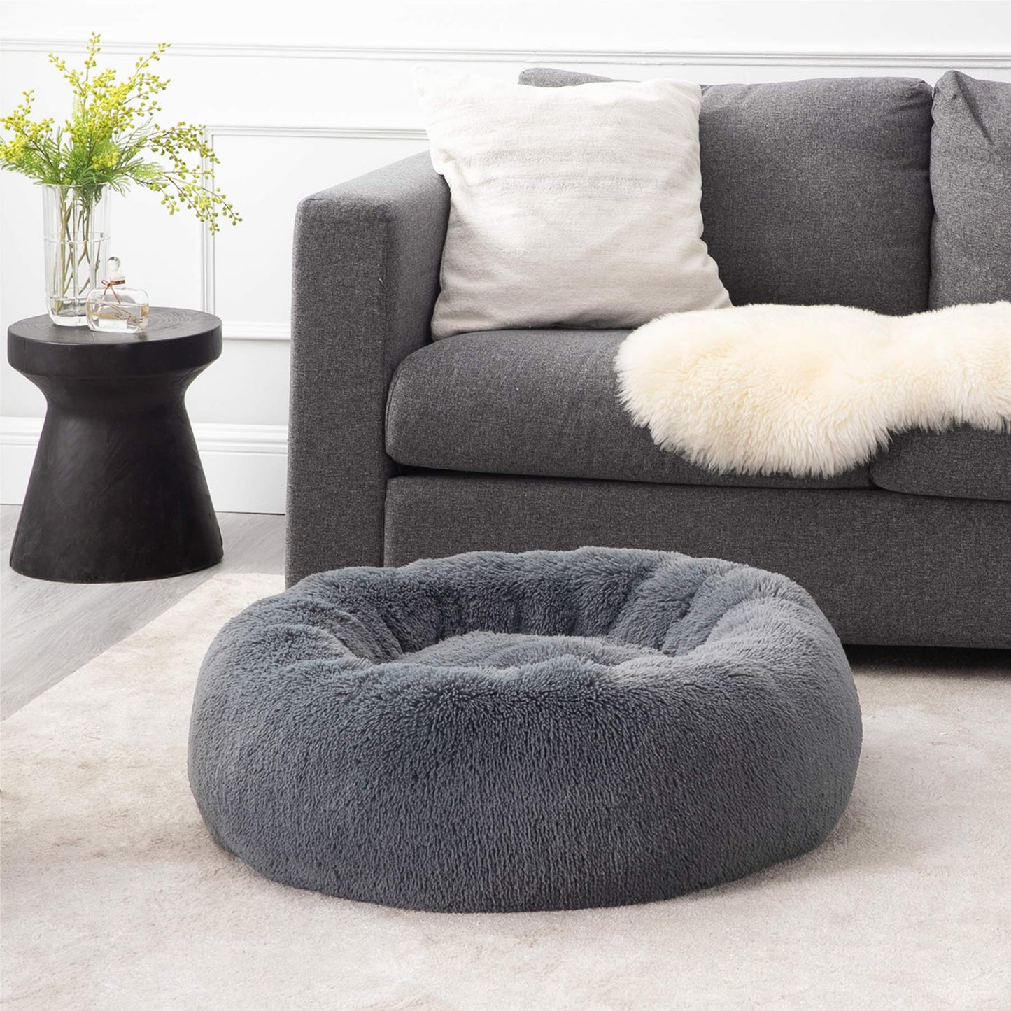 Bedsure Small Dog Bed Washable - Self Calming Dog Beds - 23 inches Fluffy Donut Cuddler for Small Deep Sleep Cat up to 25lbs - Indoor Round Dog Bed – Grey