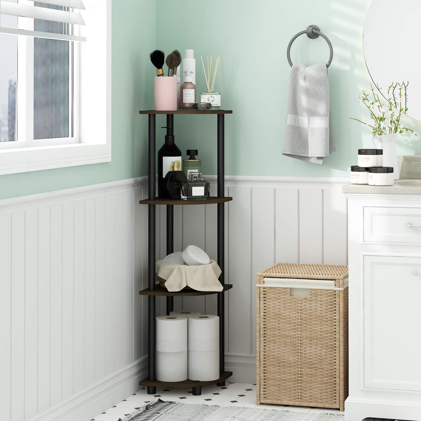 Furinno 12078DB-WG/BK Turn-N-Tube 4-Tier Corner Display Rack Multipurpose Shelving Unit, Dark Brown Grain/Black
