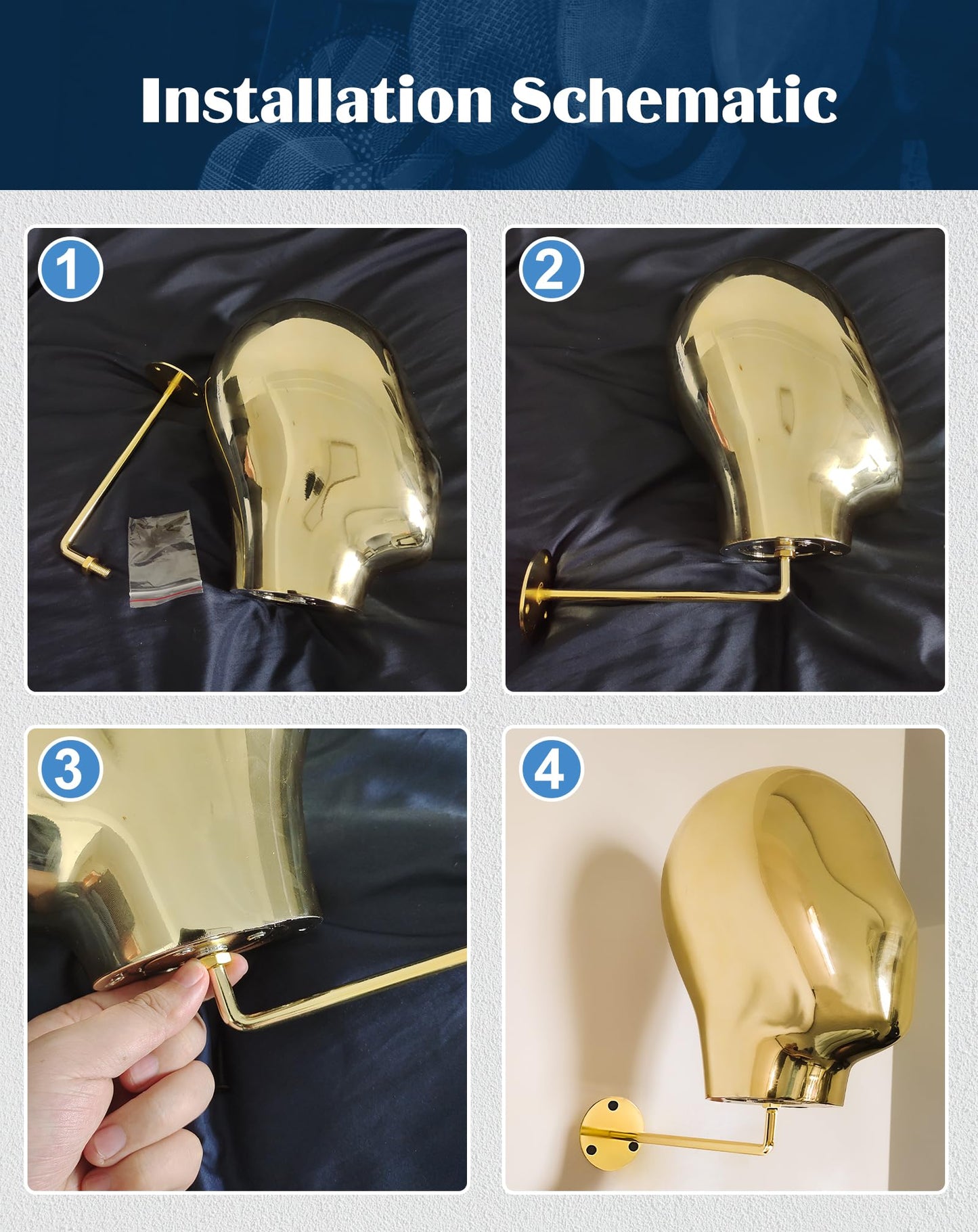 CHADWICK Wall-Mount Hat Display Stand - Wig Head Stands, Detachable Mannequin Head Stand, Durable Plastic Material, for Salons & Beauty Stores, Luxury Look at Home, Head Circumference 52cm/20inch (Gold Stand)