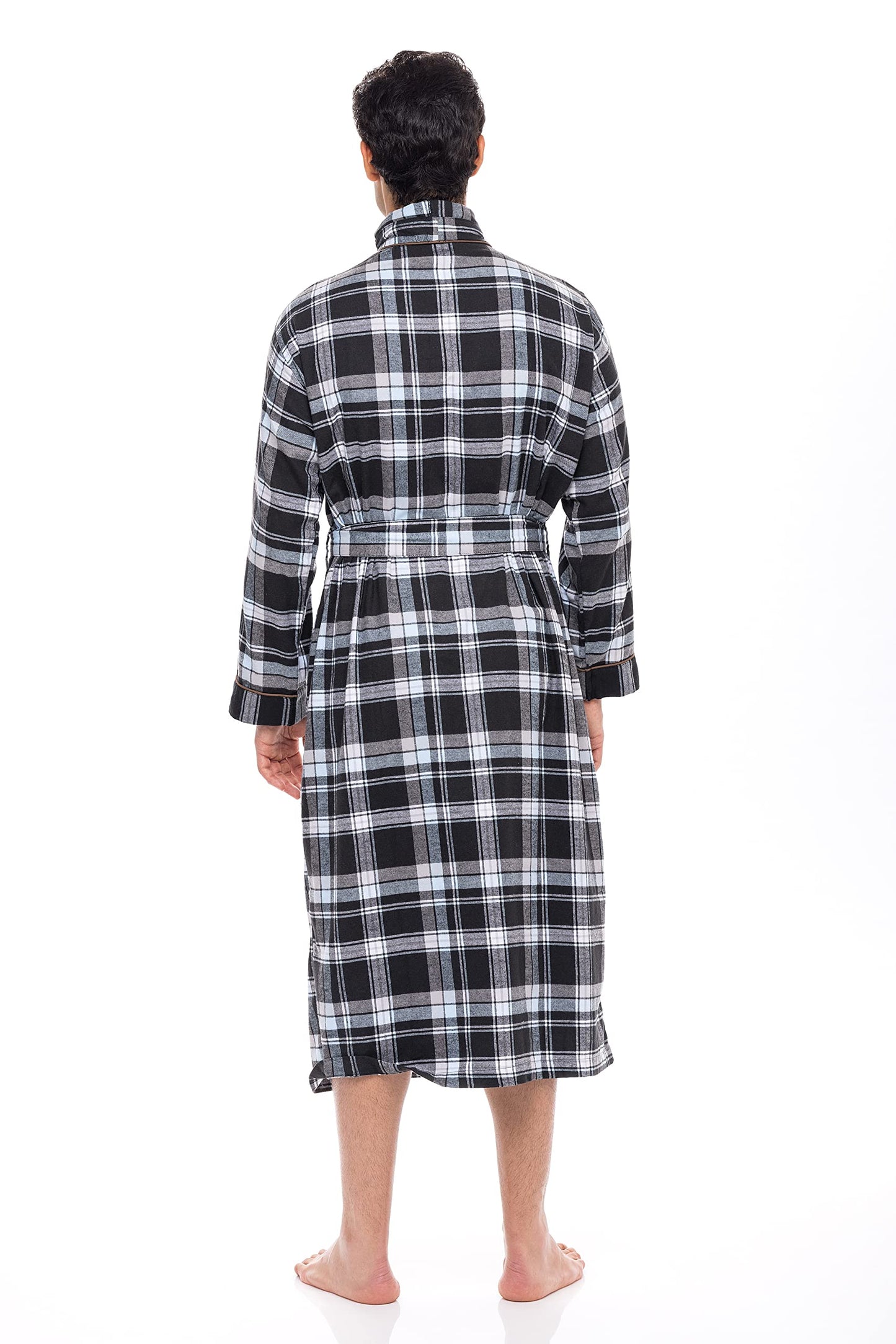 AMERICAN HEAVEN Men's Flannel Fleece Robe | Soft Cotton Shawl Collar Full Length Plaid Robe, Black/Blue Plaid, Small-Medium