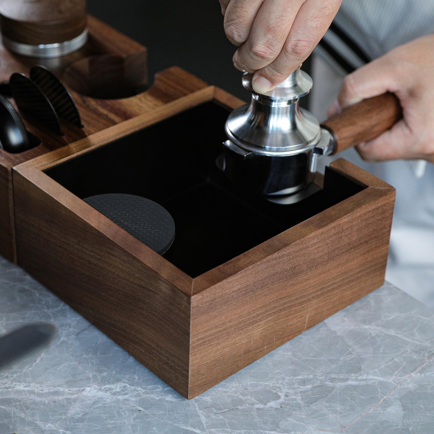 KNODOS Wooden Espresso Knock Box Walnut Dump Bin for Coffee Grounds Disposal Durable, Shock-Absorbent Espresso Machine Accessories, Easy to Clean Tamping Station