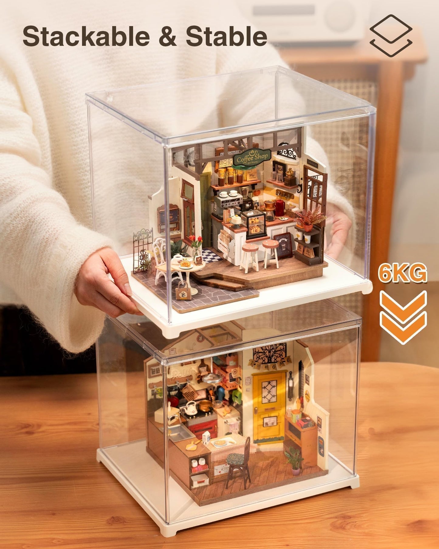 Rolife Clear Acrylic Display Case for Hobby Collectibles, Easy Assemble Dust Cover Showcase Clear Storage Bins, Stackable Storage Plastic Box with Wooden Base