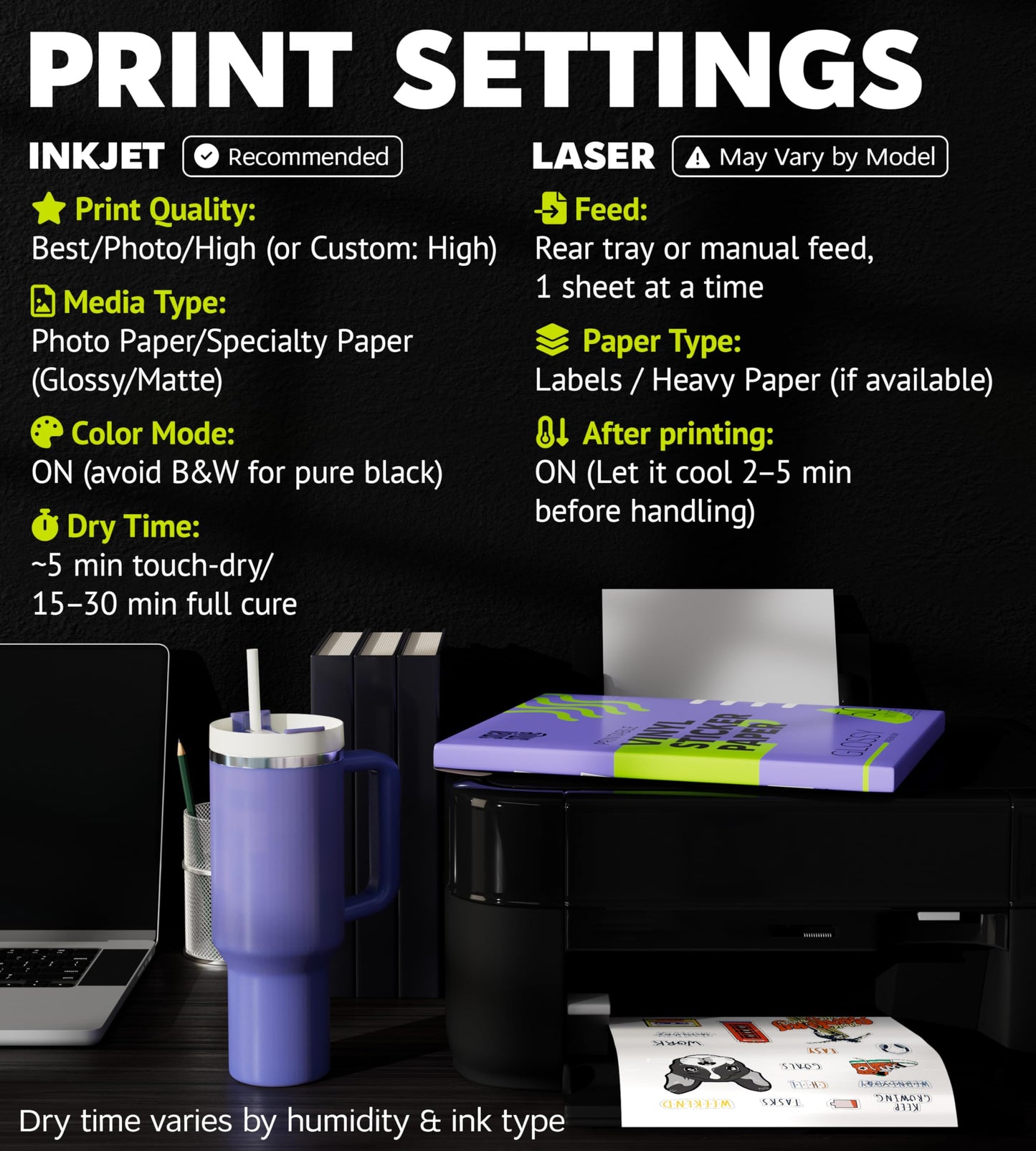 Premium Printable Vinyl Sticker Paper for Inkjet Printer and Laser - 50 White Glossy Sticker Paper Waterproof - Durability Adhesive Paper 8.5 x 11, Fast Dry, Holds Ink Well, Great for Cutting Machines