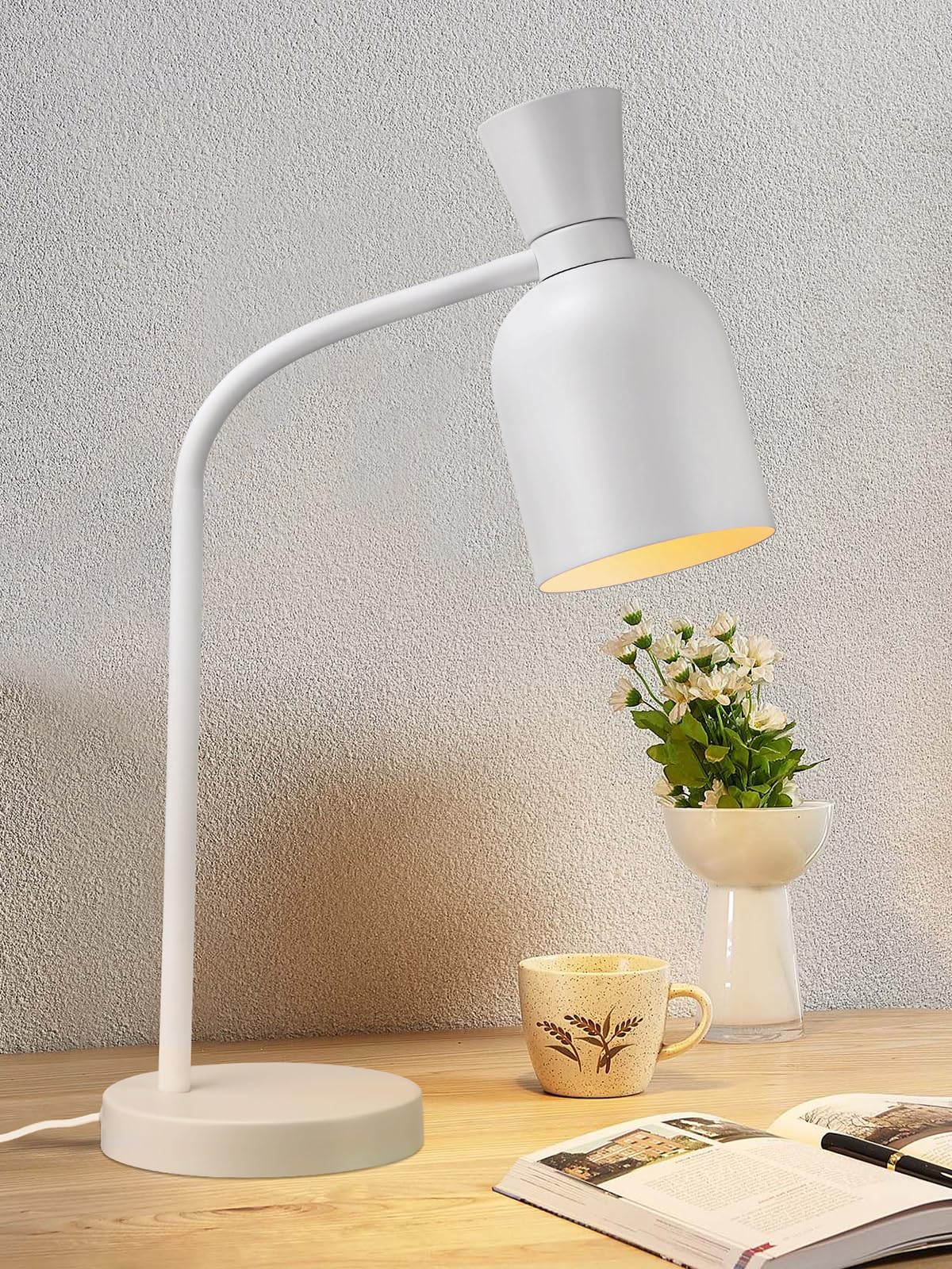 TORCHSTAR Metal Desk Lamp Aesthetic, Vase Shape Design, E26 Base, Max 60W Modern Goose Neck Task Desk Lamp with On/Off Switch, White, for Bedroom, Nightstand, Home Office, Bulb Not Included